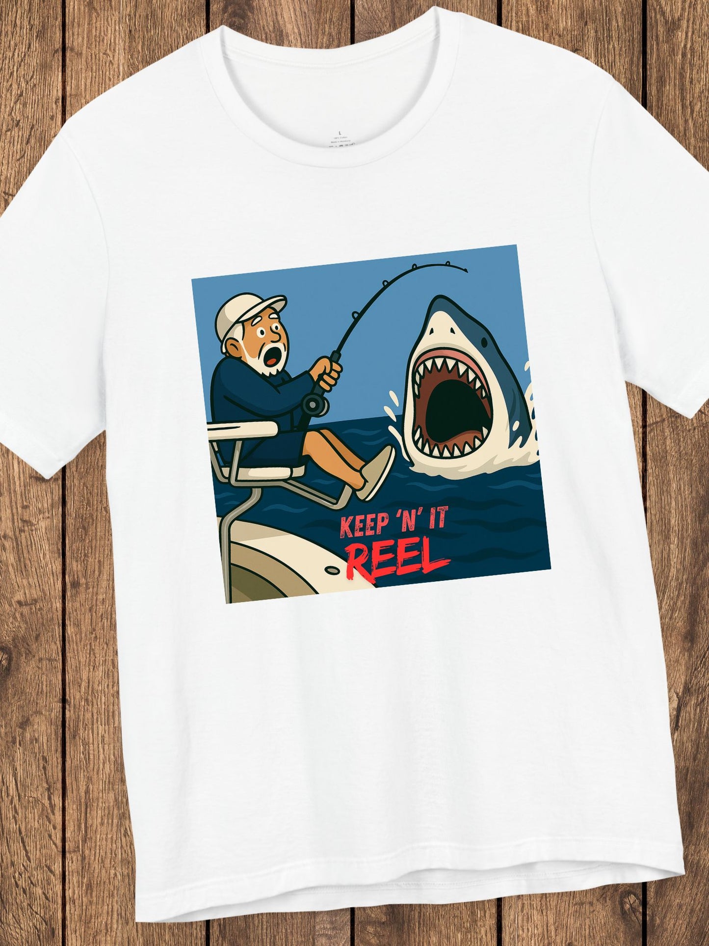 'Keep ‘N’ It Reel' Shark Fisherman Graphic Unisex T-Shirt, Fishing Apparel