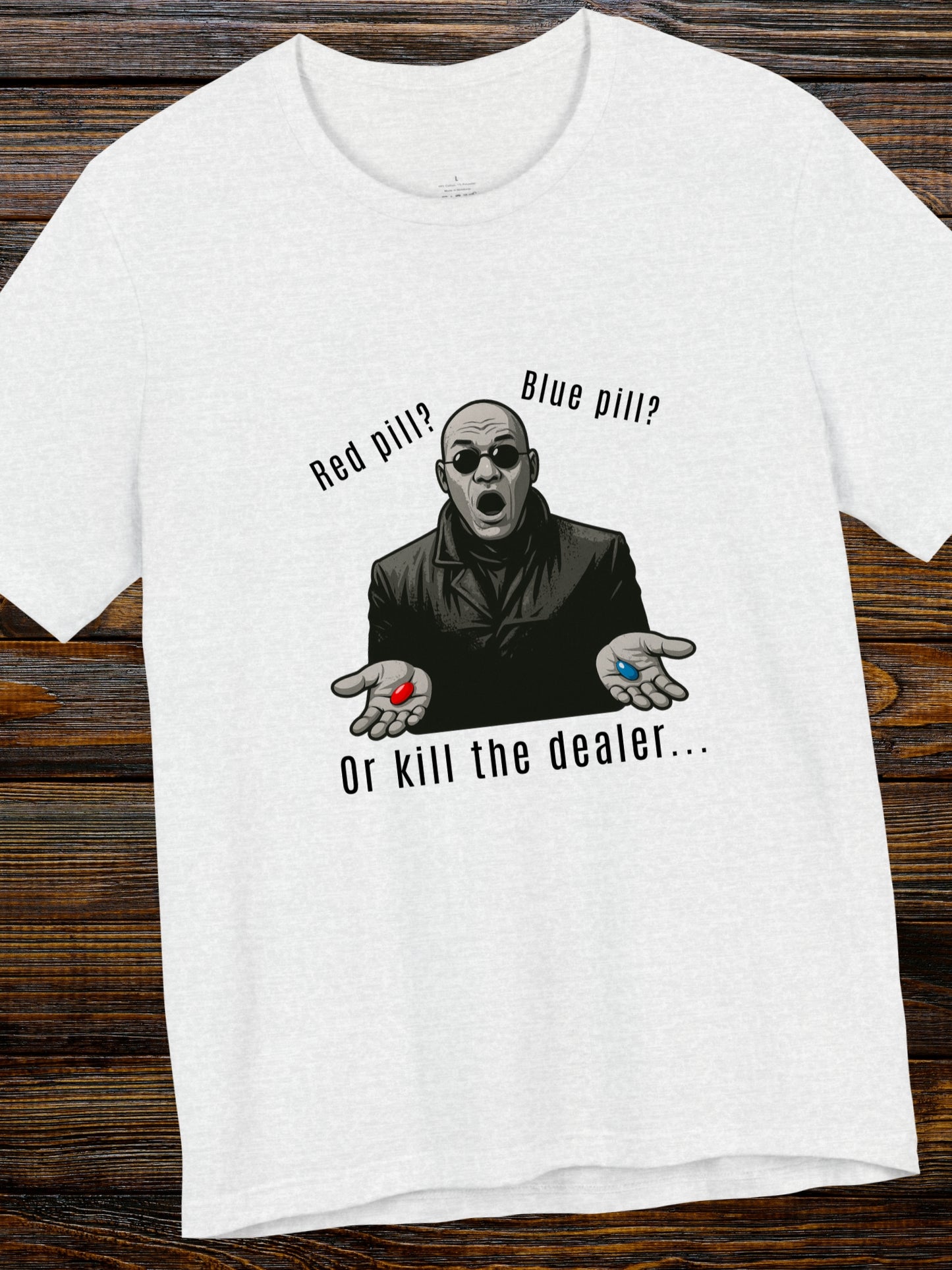 'Red Pill?... Blue Pill?... Or...' Devil in a Tench Coat Graphic Unisex T-Shirt, Anti-Drug Tee