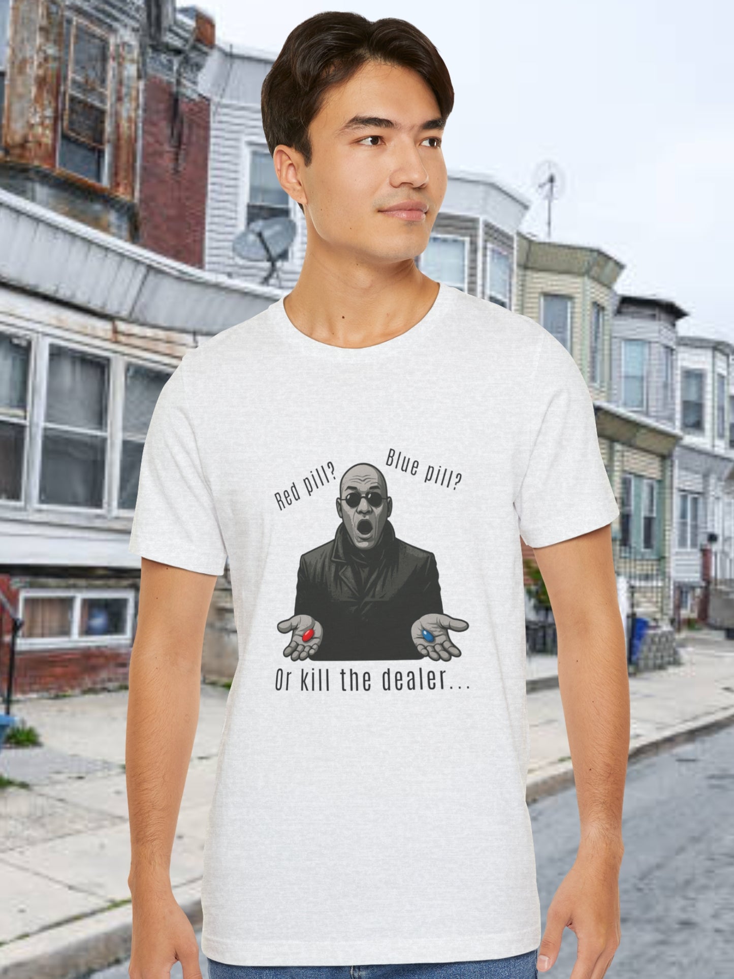 'Red Pill?... Blue Pill?... Or...' Devil in a Tench Coat Graphic Unisex T-Shirt, Anti-Drug Tee