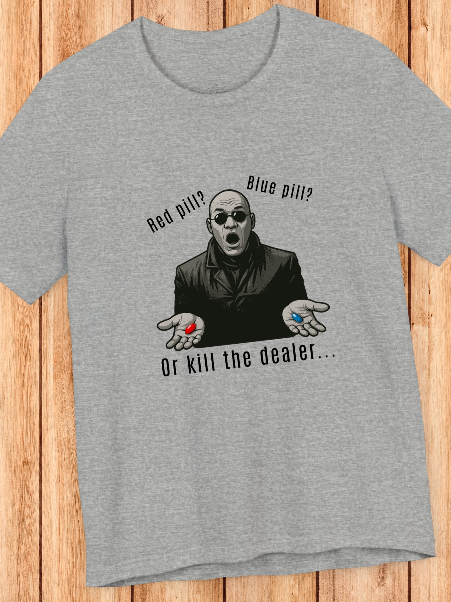 'Red Pill?... Blue Pill?... Or...' Devil in a Tench Coat Graphic Unisex T-Shirt, Anti-Drug Tee