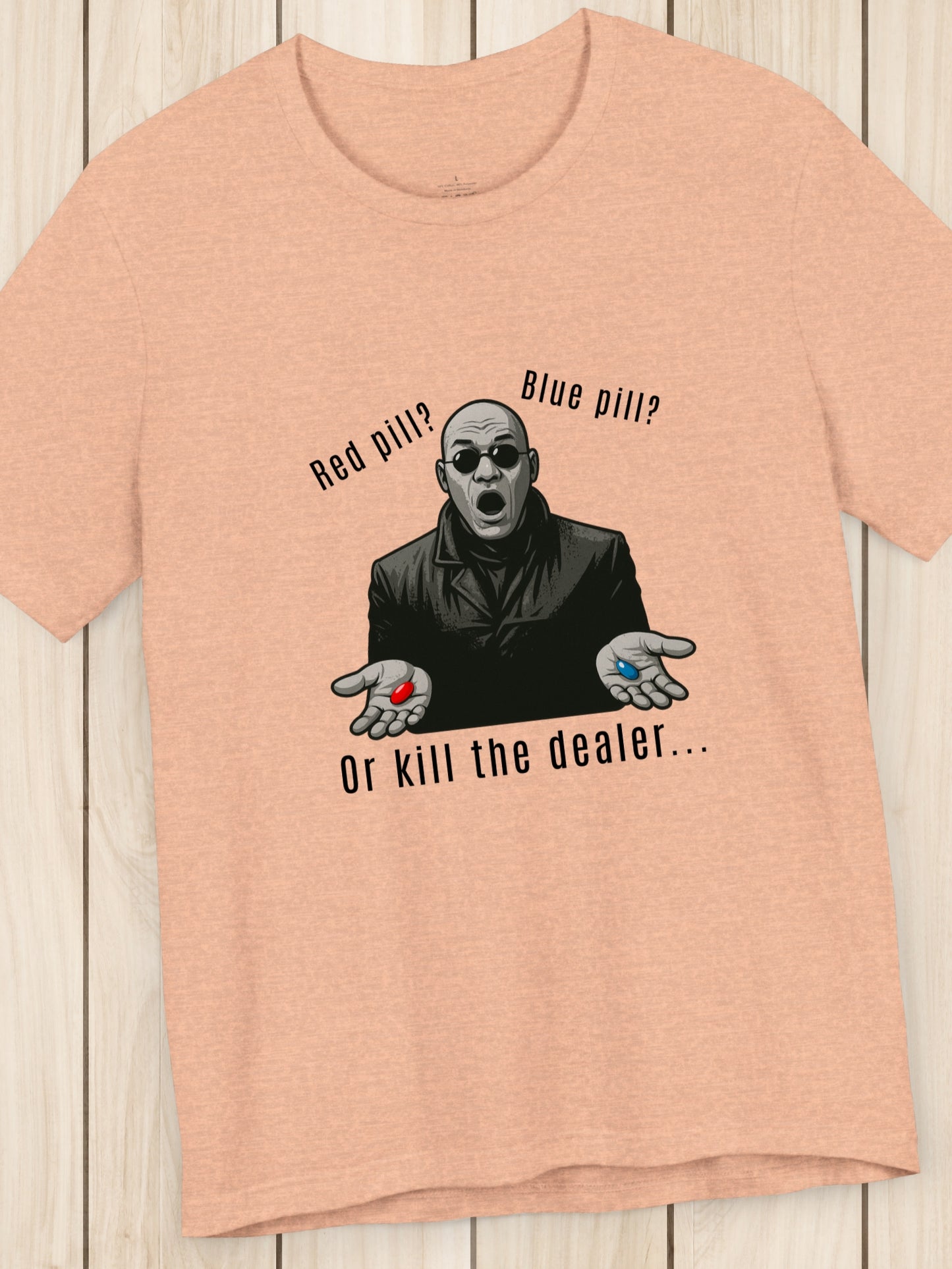 'Red Pill?... Blue Pill?... Or...' Devil in a Tench Coat Graphic Unisex T-Shirt, Anti-Drug Tee