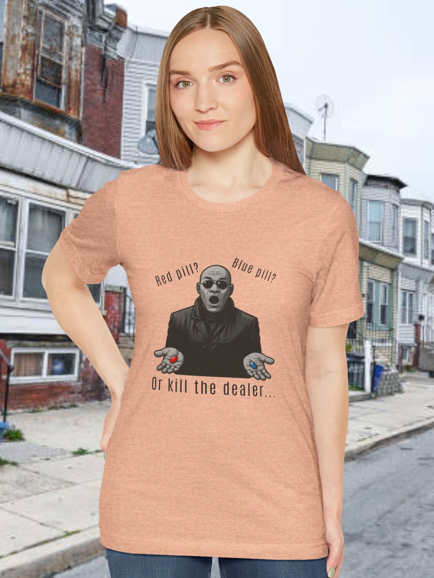 'Red Pill?... Blue Pill?... Or...' Devil in a Tench Coat Graphic Unisex T-Shirt, Anti-Drug Tee