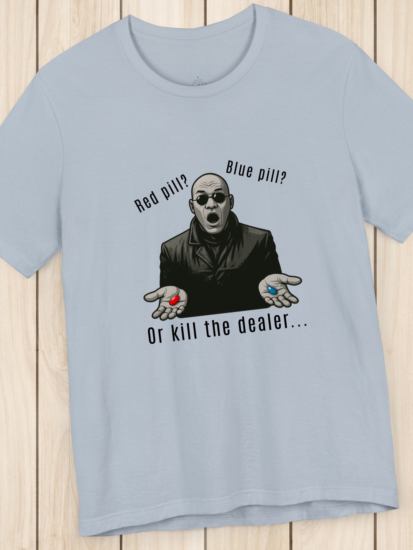 'Red Pill?... Blue Pill?... Or...' Devil in a Tench Coat Graphic Unisex T-Shirt, Anti-Drug Tee