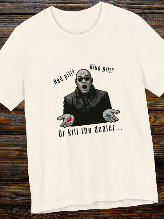 'Red Pill?... Blue Pill?... Or...' Devil in a Tench Coat Graphic Unisex T-Shirt, Anti-Drug Tee