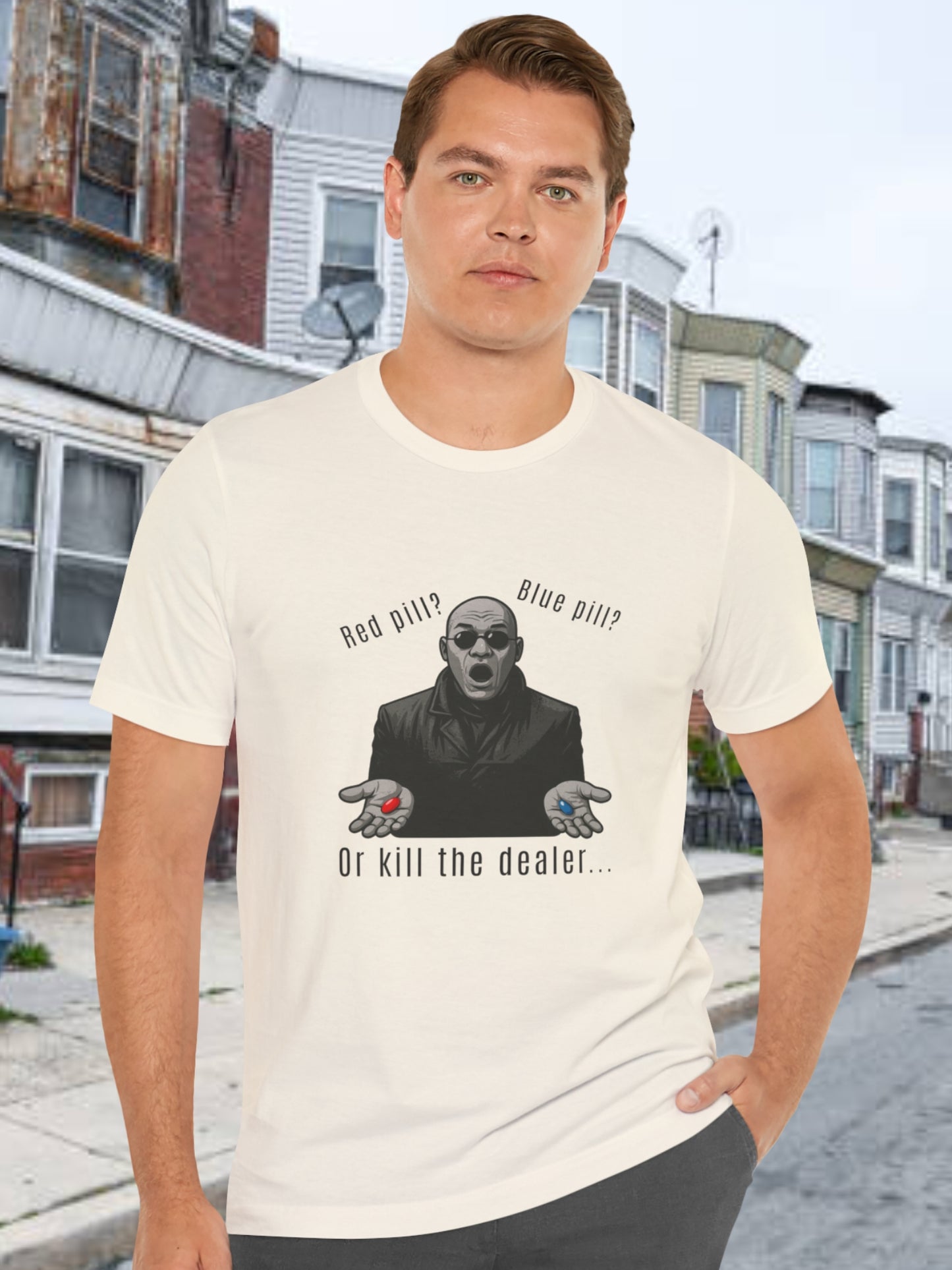 'Red Pill?... Blue Pill?... Or...' Devil in a Tench Coat Graphic Unisex T-Shirt, Anti-Drug Tee
