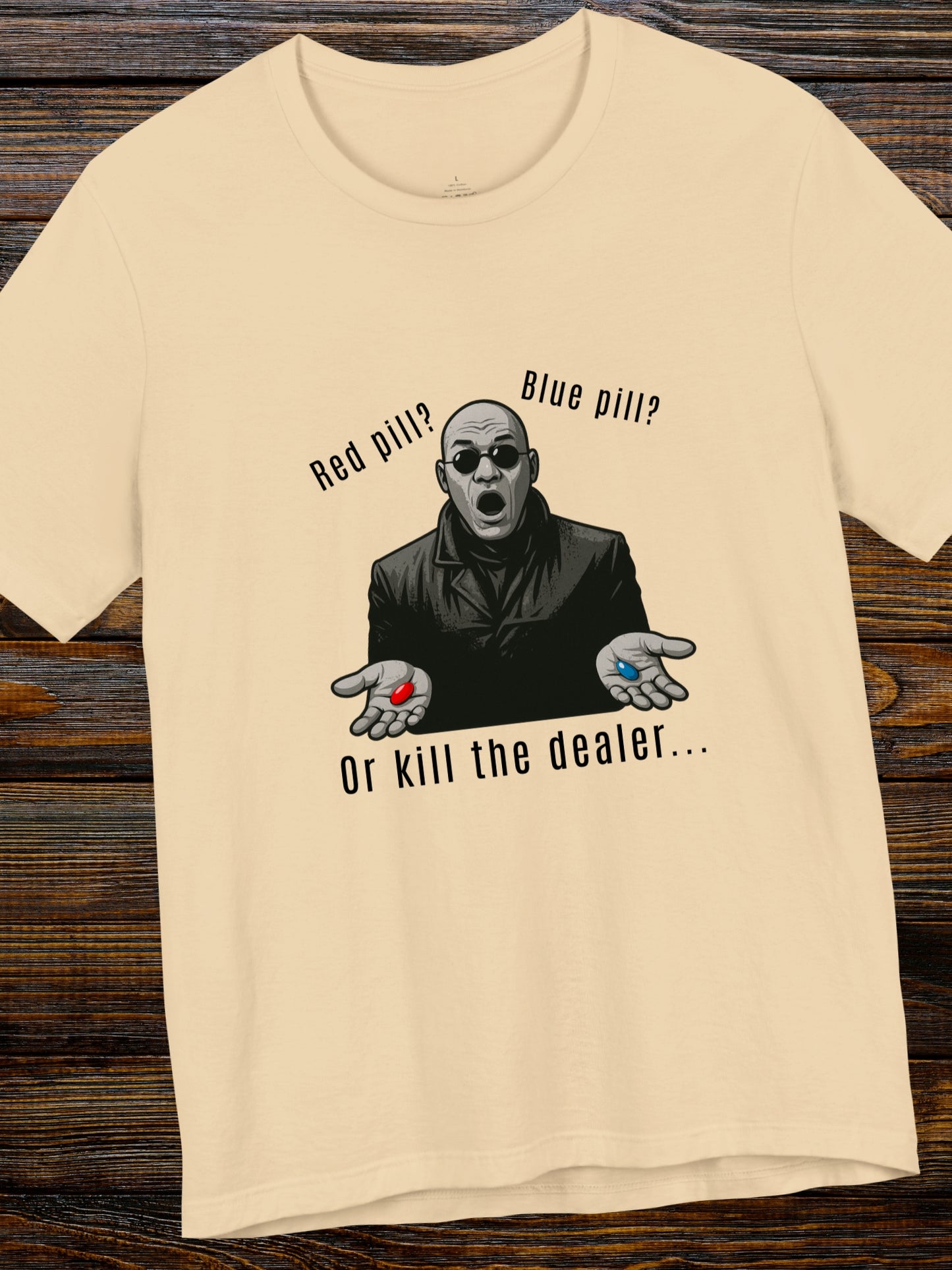 'Red Pill?... Blue Pill?... Or...' Devil in a Tench Coat Graphic Unisex T-Shirt, Anti-Drug Tee