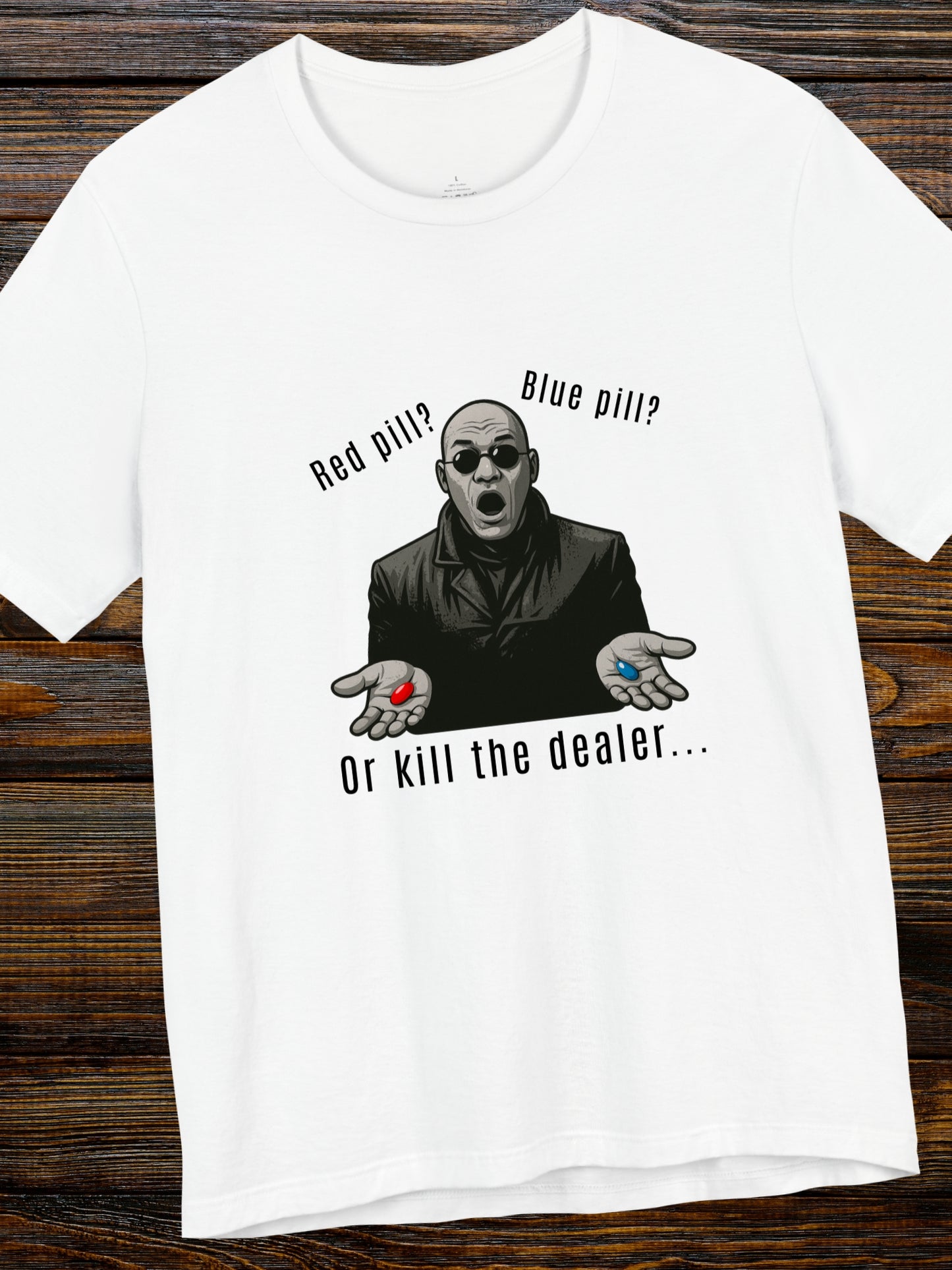 'Red Pill?... Blue Pill?... Or...' Devil in a Tench Coat Graphic Unisex T-Shirt, Anti-Drug Tee