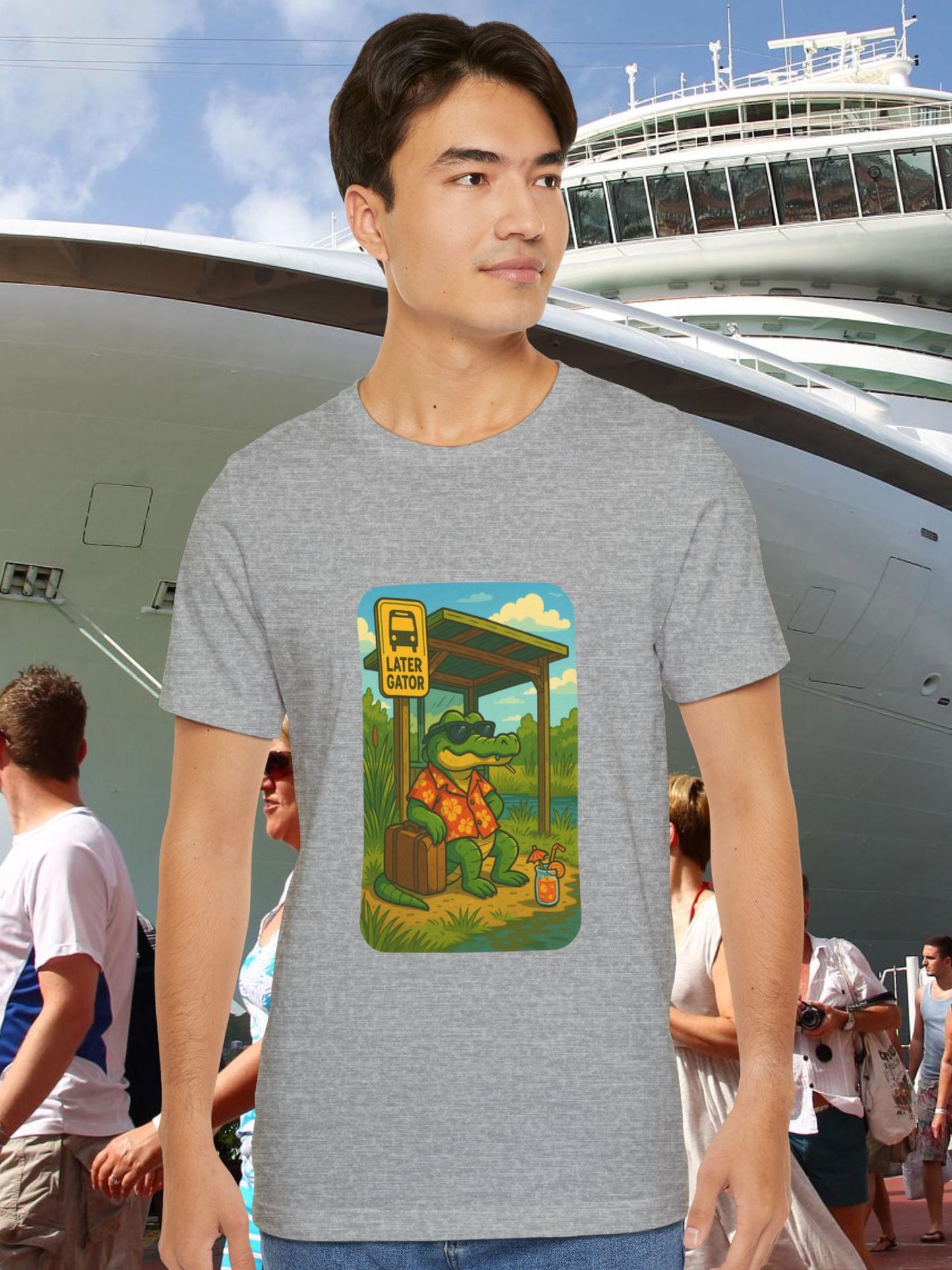 'Later Gator' Gator at a Bus Stop Graphic Unisex T-Shirt, Summer Vibes Shirt, Animal Lover Gift, Fun Casual Wear