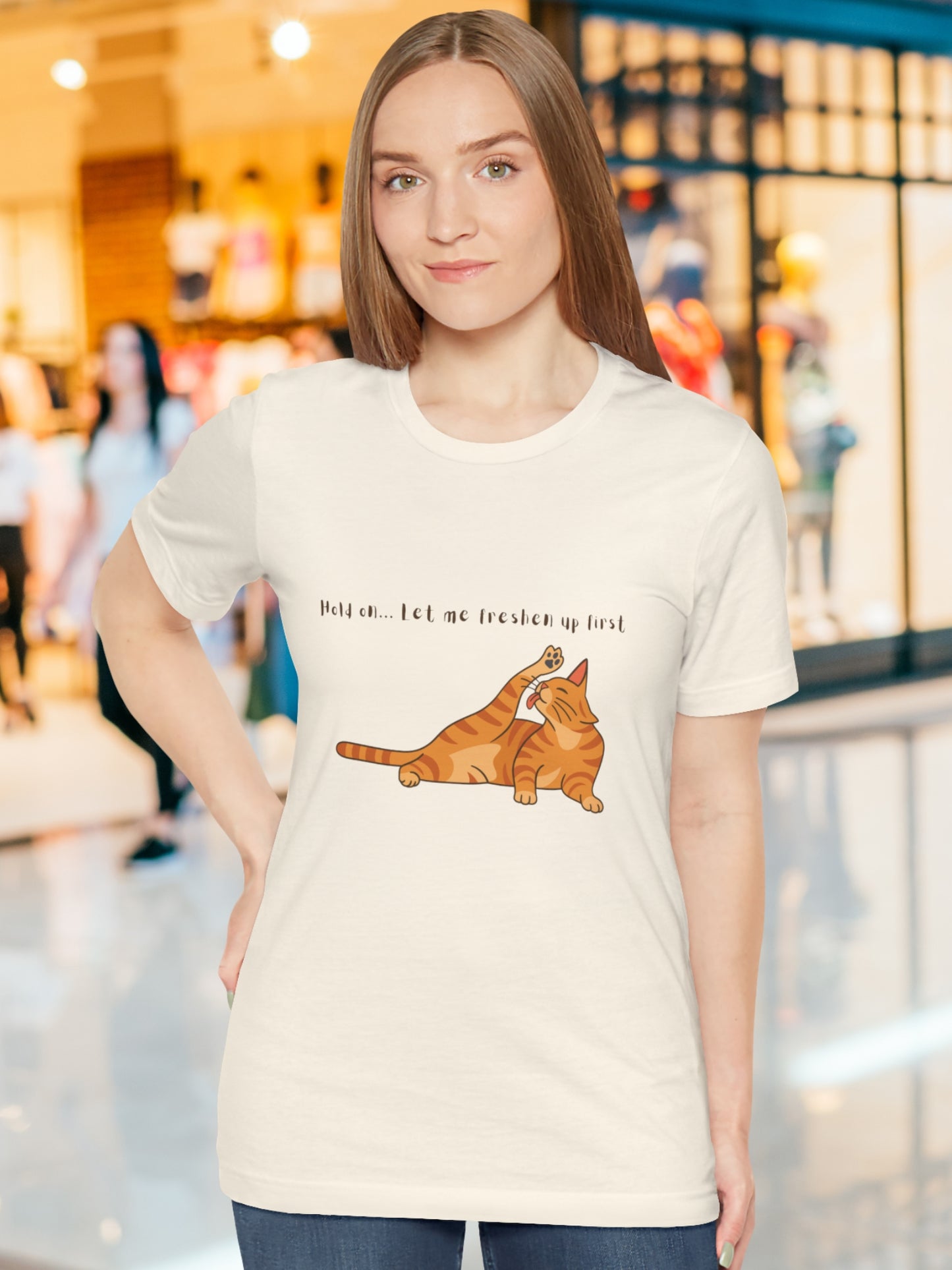 'Hold on... Let me freshen up first' Cat Cleaning Itself Graphic Unisex T-Shirt, Cat Lovers Tee, Funny Cat Shirt