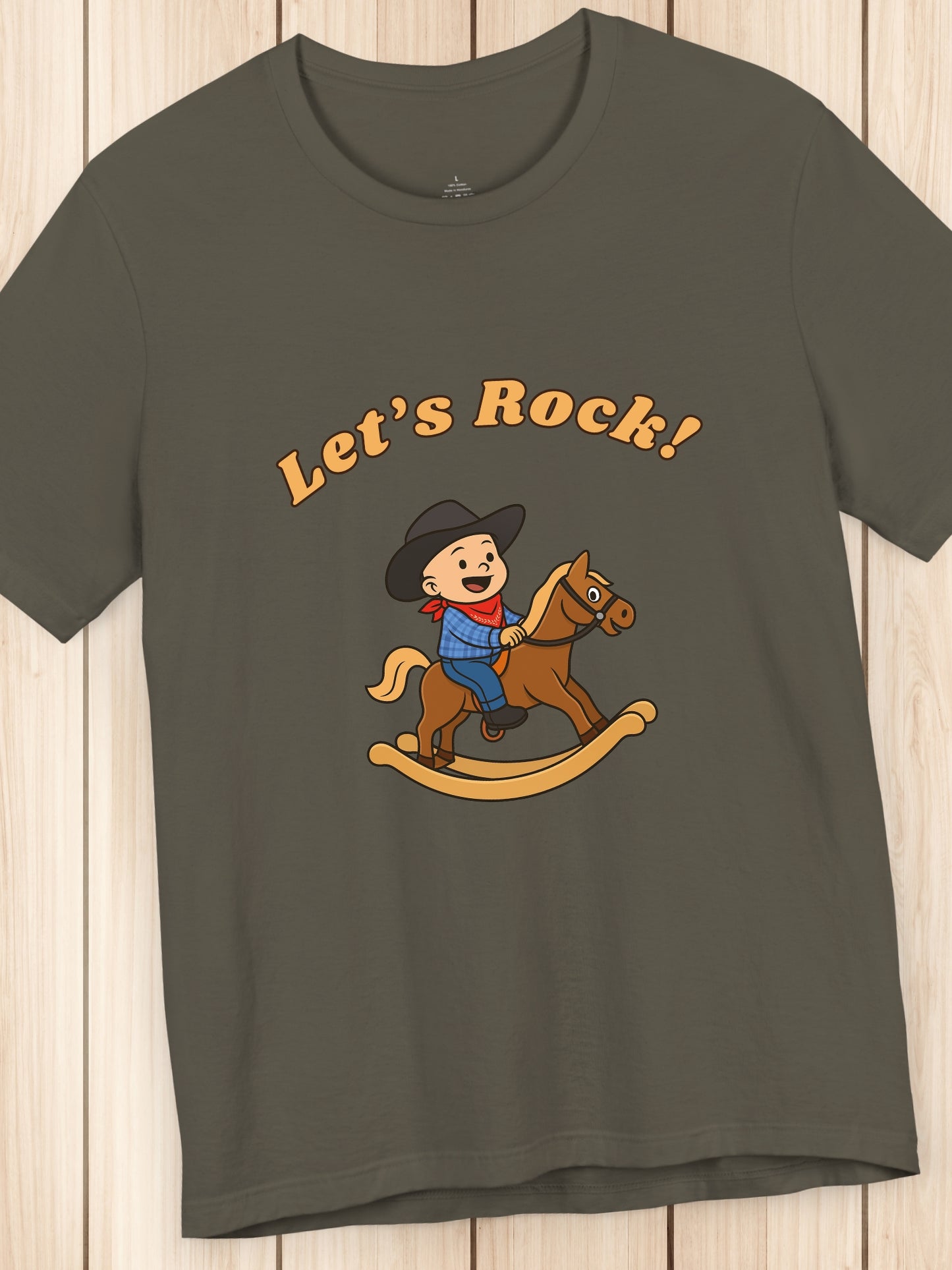 'Let's Rock!' Child Cowboy on a Rocking Horse Graphic Unisex T-Shirt, Humorous, Playful Cowboy Tee