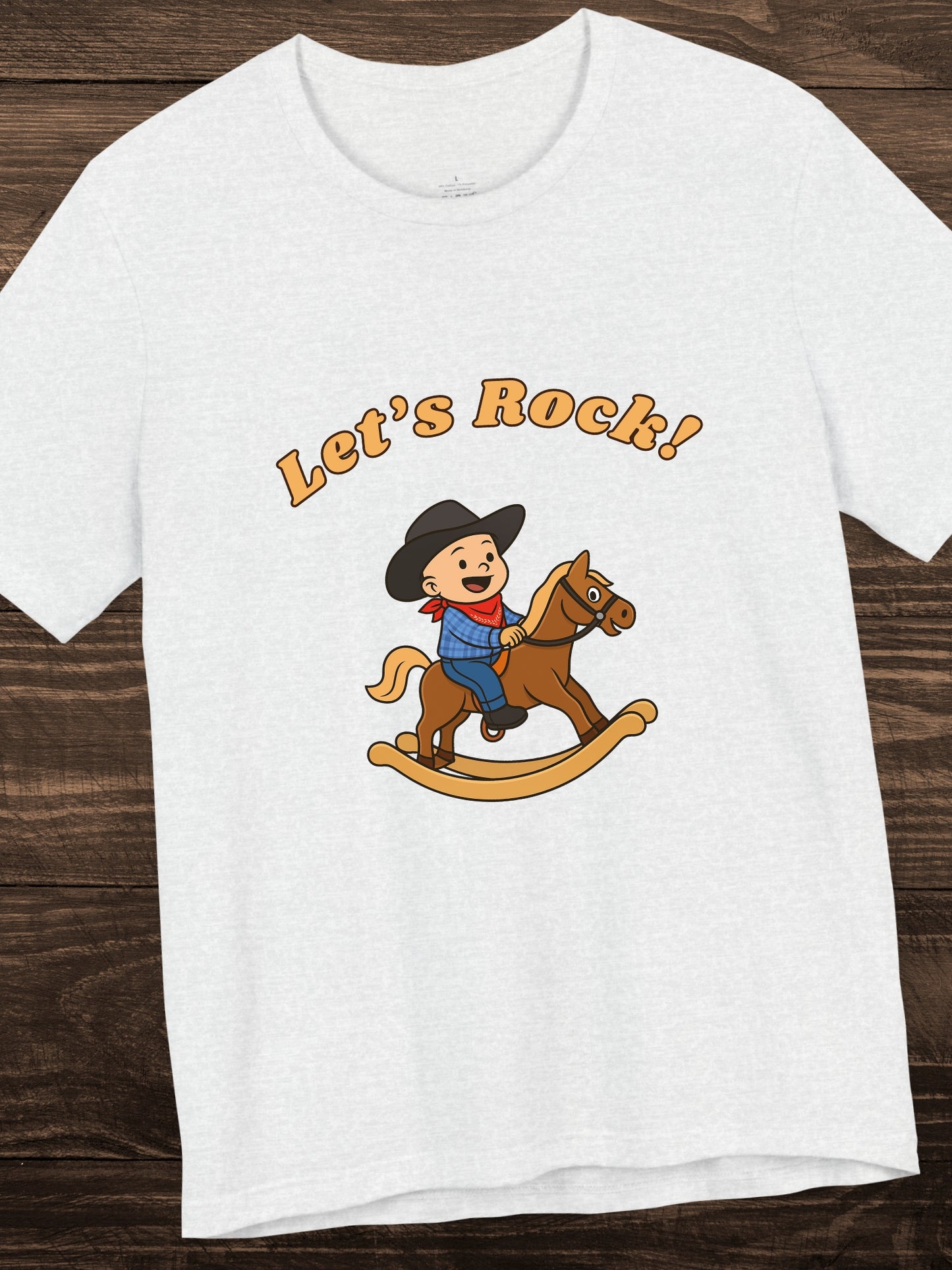 'Let's Rock!' Child Cowboy on a Rocking Horse Graphic Unisex T-Shirt, Humorous, Playful Cowboy Tee