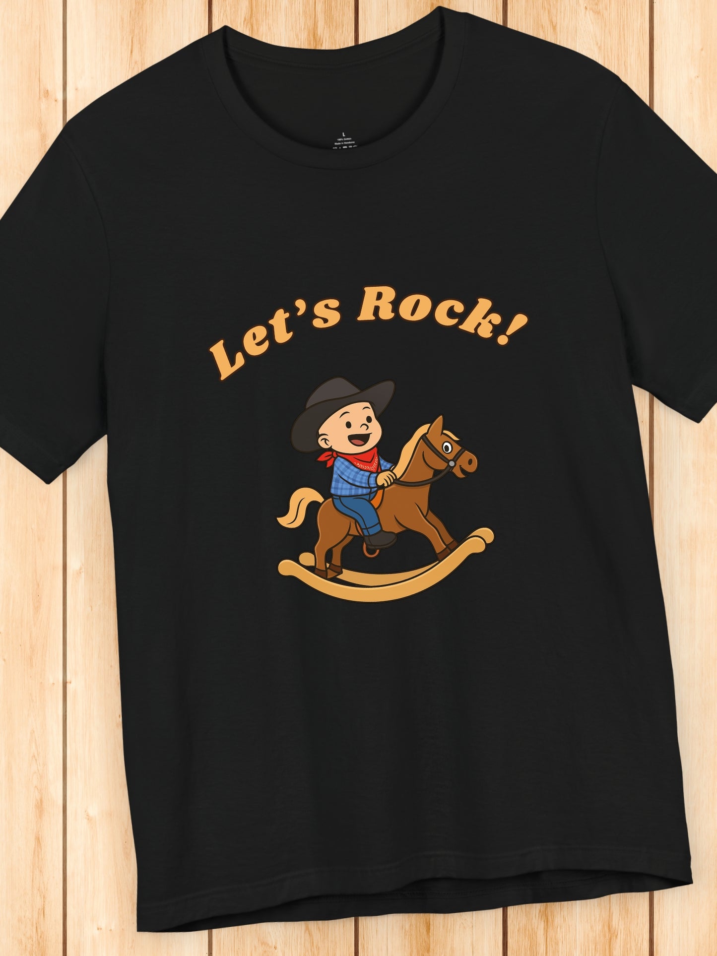'Let's Rock!' Child Cowboy on a Rocking Horse Graphic Unisex T-Shirt, Humorous, Playful Cowboy Tee