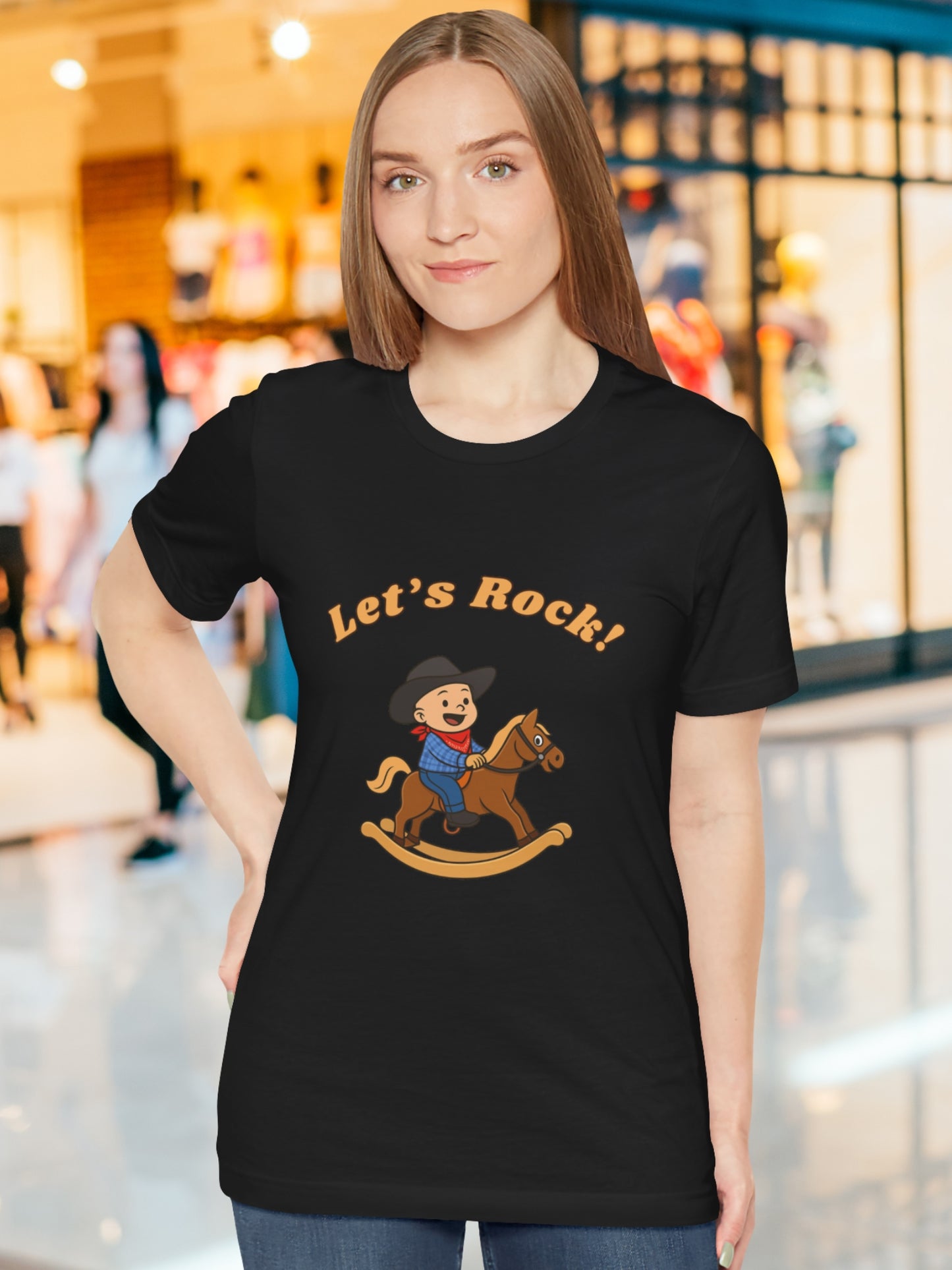 'Let's Rock!' Child Cowboy on a Rocking Horse Graphic Unisex T-Shirt, Humorous, Playful Cowboy Tee