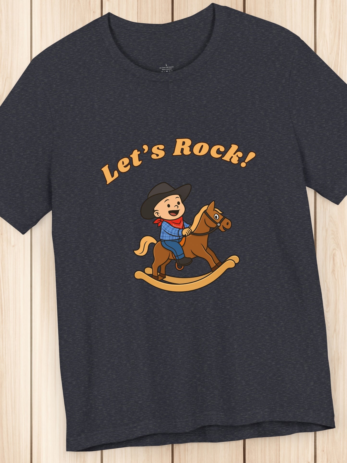 'Let's Rock!' Child Cowboy on a Rocking Horse Graphic Unisex T-Shirt, Humorous, Playful Cowboy Tee