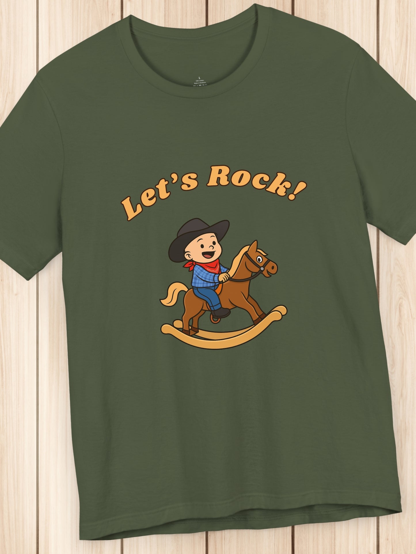 'Let's Rock!' Child Cowboy on a Rocking Horse Graphic Unisex T-Shirt, Humorous, Playful Cowboy Tee