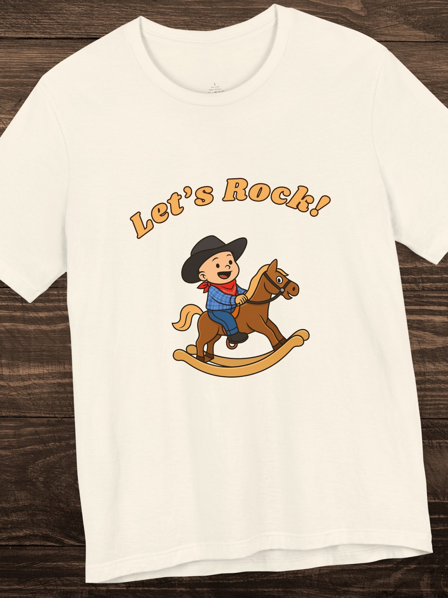 'Let's Rock!' Child Cowboy on a Rocking Horse Graphic Unisex T-Shirt, Humorous, Playful Cowboy Tee