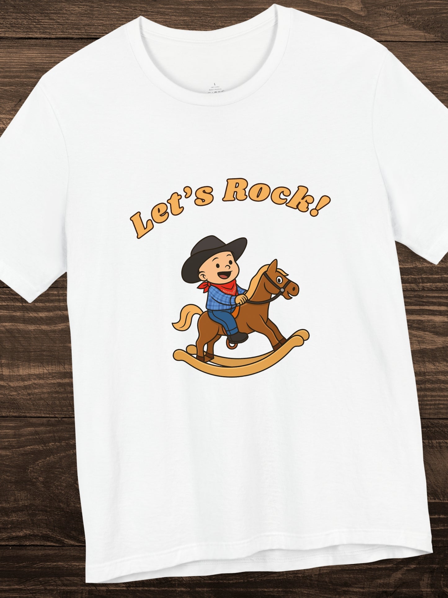 'Let's Rock!' Child Cowboy on a Rocking Horse Graphic Unisex T-Shirt, Humorous, Playful Cowboy Tee