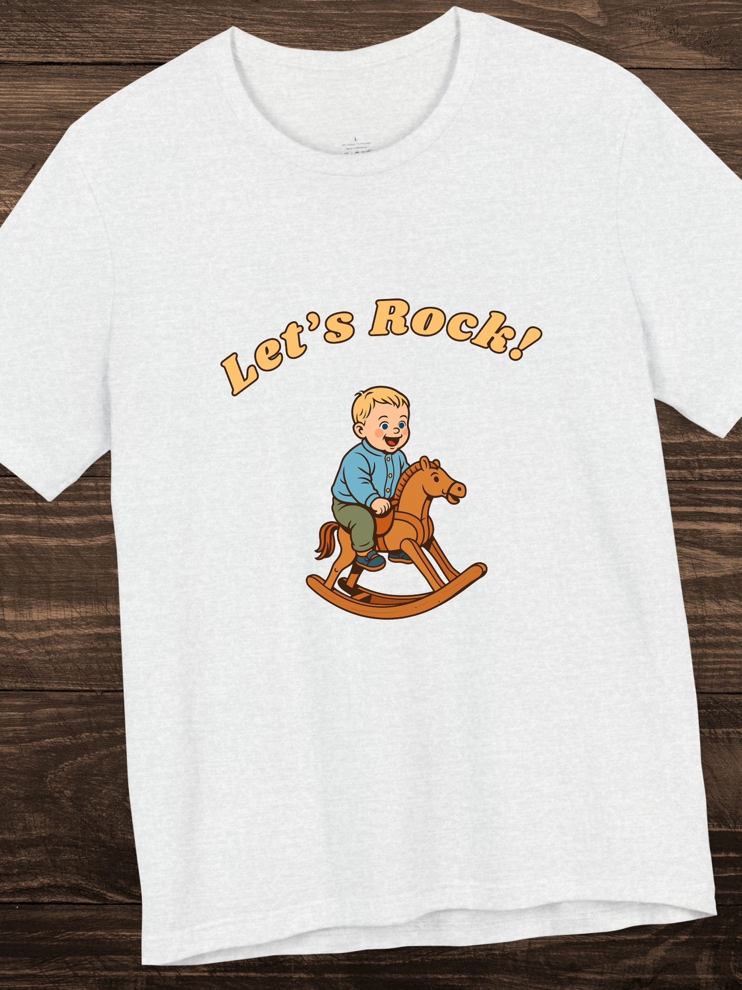 'Let's Rock!' Boy on a Rocking Horse Graphic Unisex T-Shirt, Humorous, Playful, Cowboy