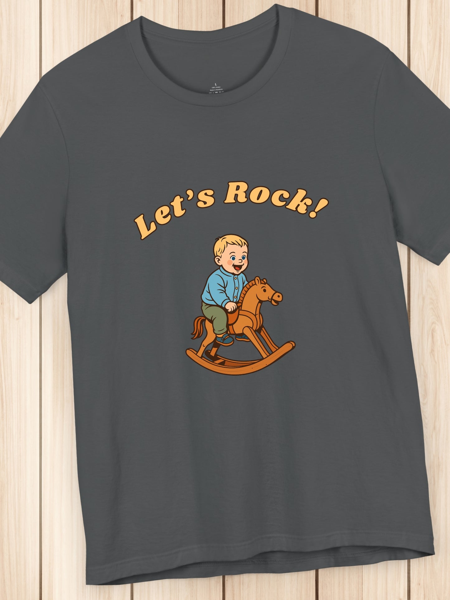 'Let's Rock!' Boy on a Rocking Horse Graphic Unisex T-Shirt, Humorous, Playful, Cowboy