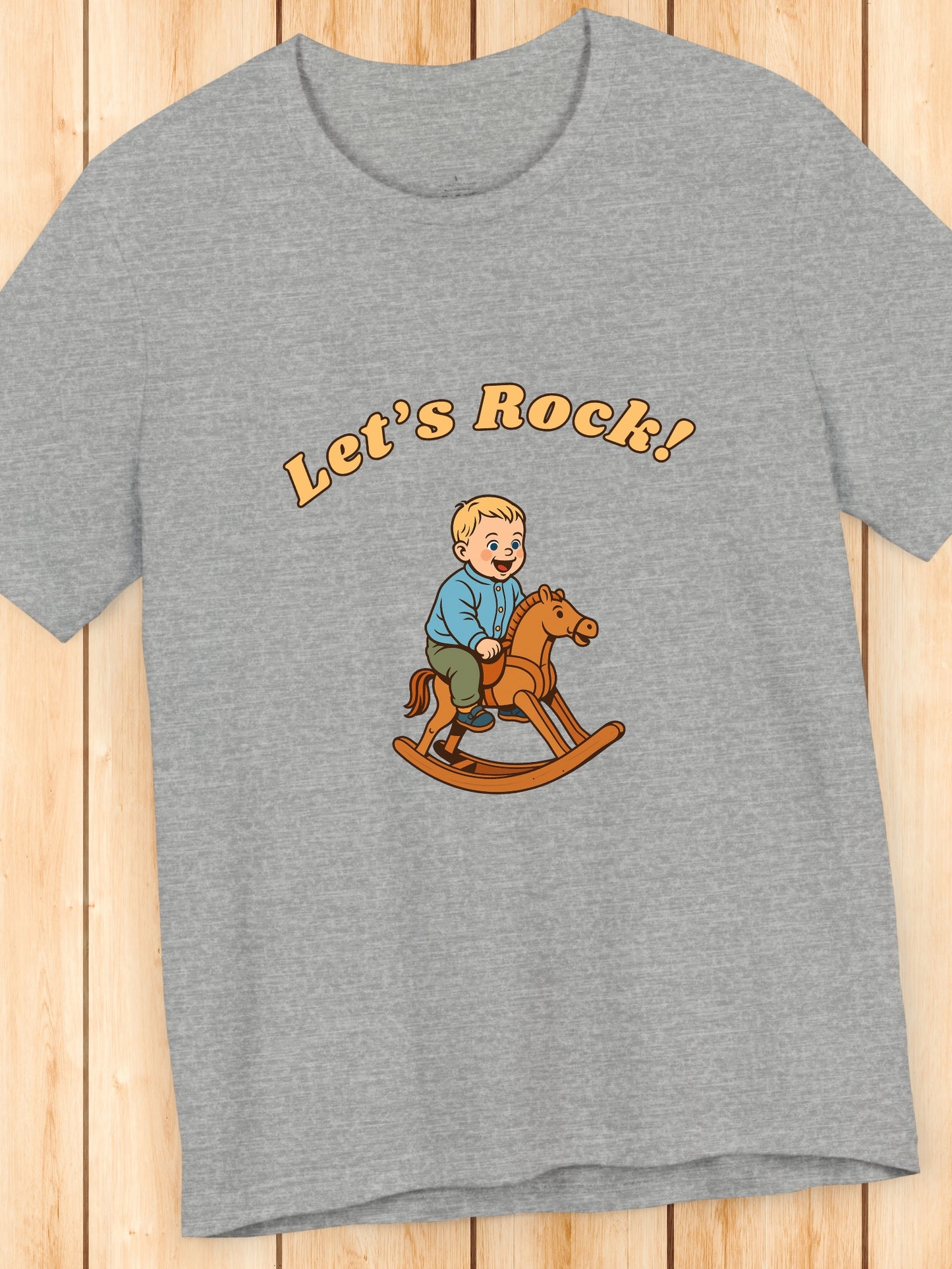 'Let's Rock!' Boy on a Rocking Horse Graphic Unisex T-Shirt, Humorous, Playful, Cowboy