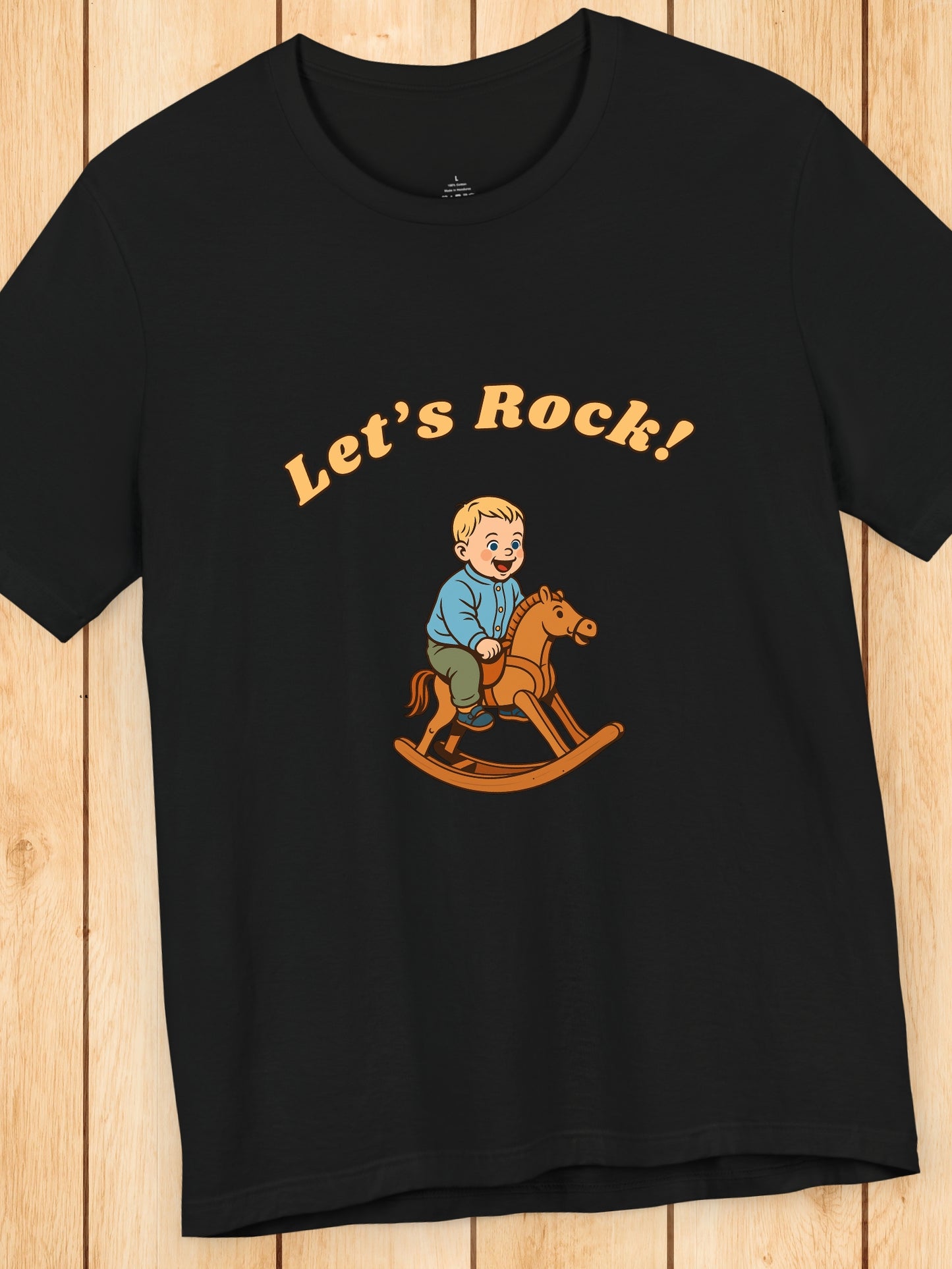 'Let's Rock!' Boy on a Rocking Horse Graphic Unisex T-Shirt, Humorous, Playful, Cowboy