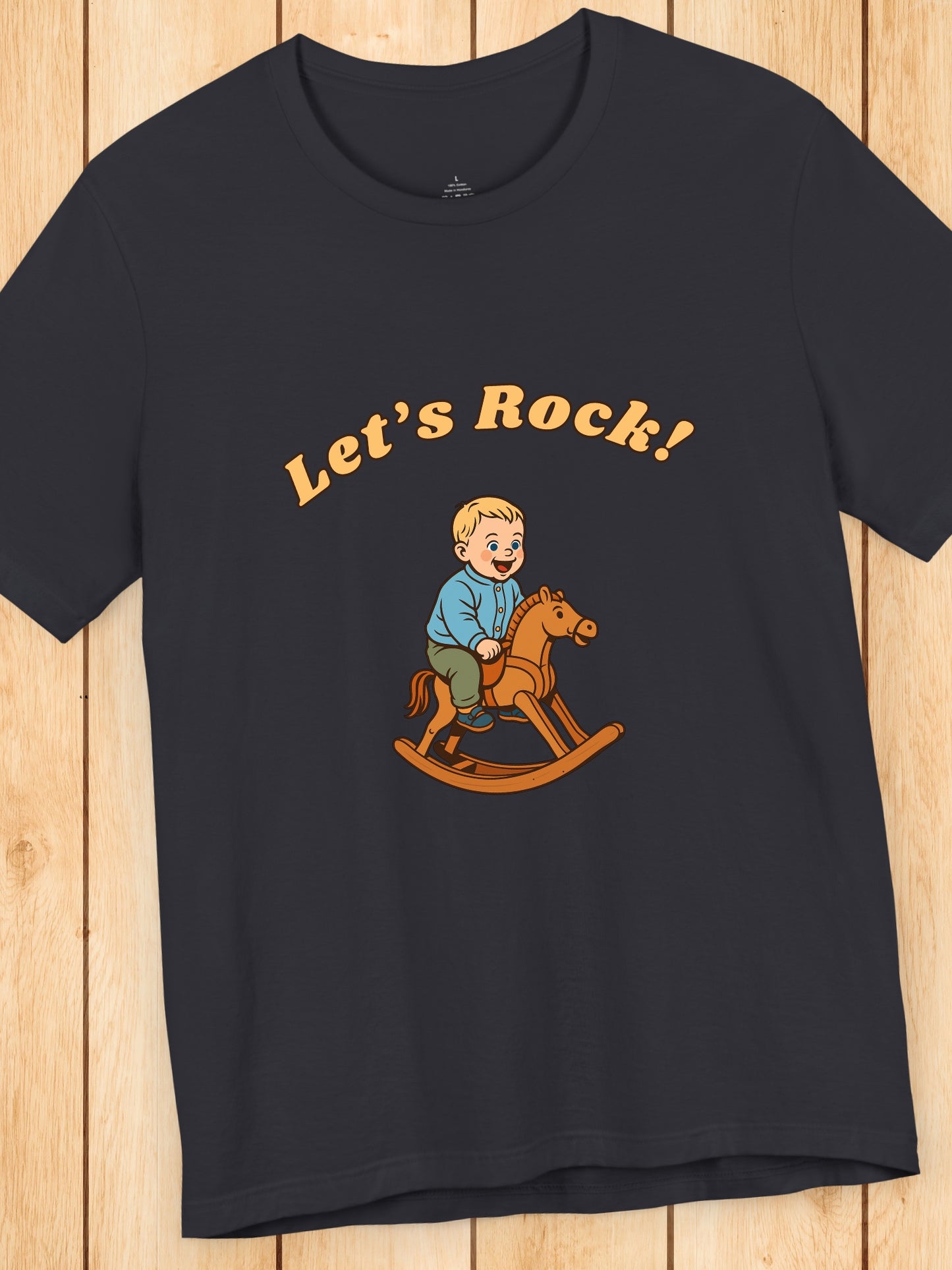 'Let's Rock!' Boy on a Rocking Horse Graphic Unisex T-Shirt, Humorous, Playful, Cowboy