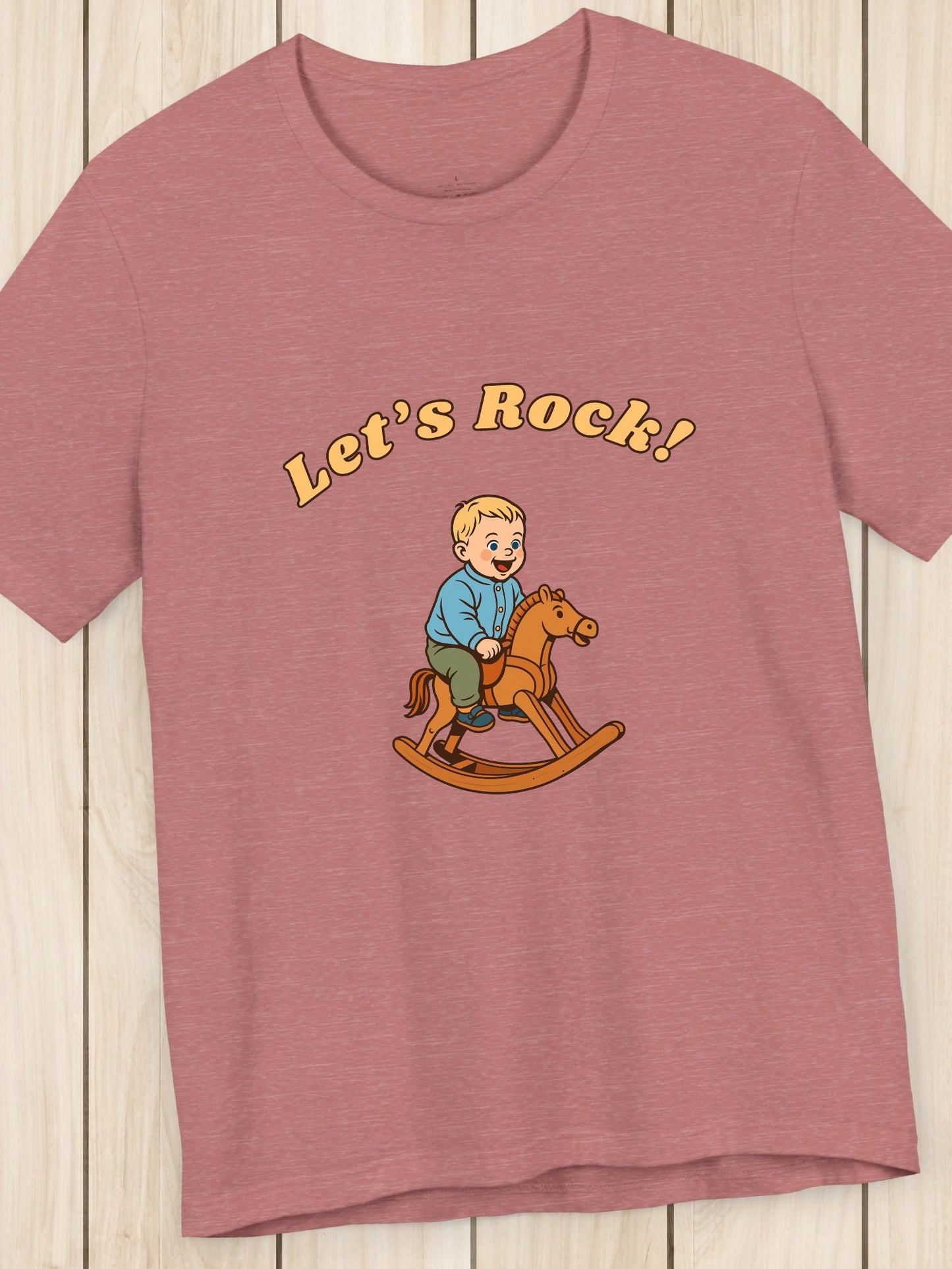 'Let's Rock!' Boy on a Rocking Horse Graphic Unisex T-Shirt, Humorous, Playful, Cowboy