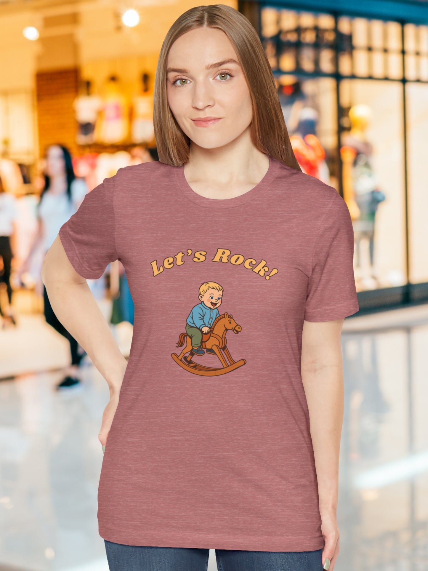'Let's Rock!' Boy on a Rocking Horse Graphic Unisex T-Shirt, Humorous, Playful, Cowboy