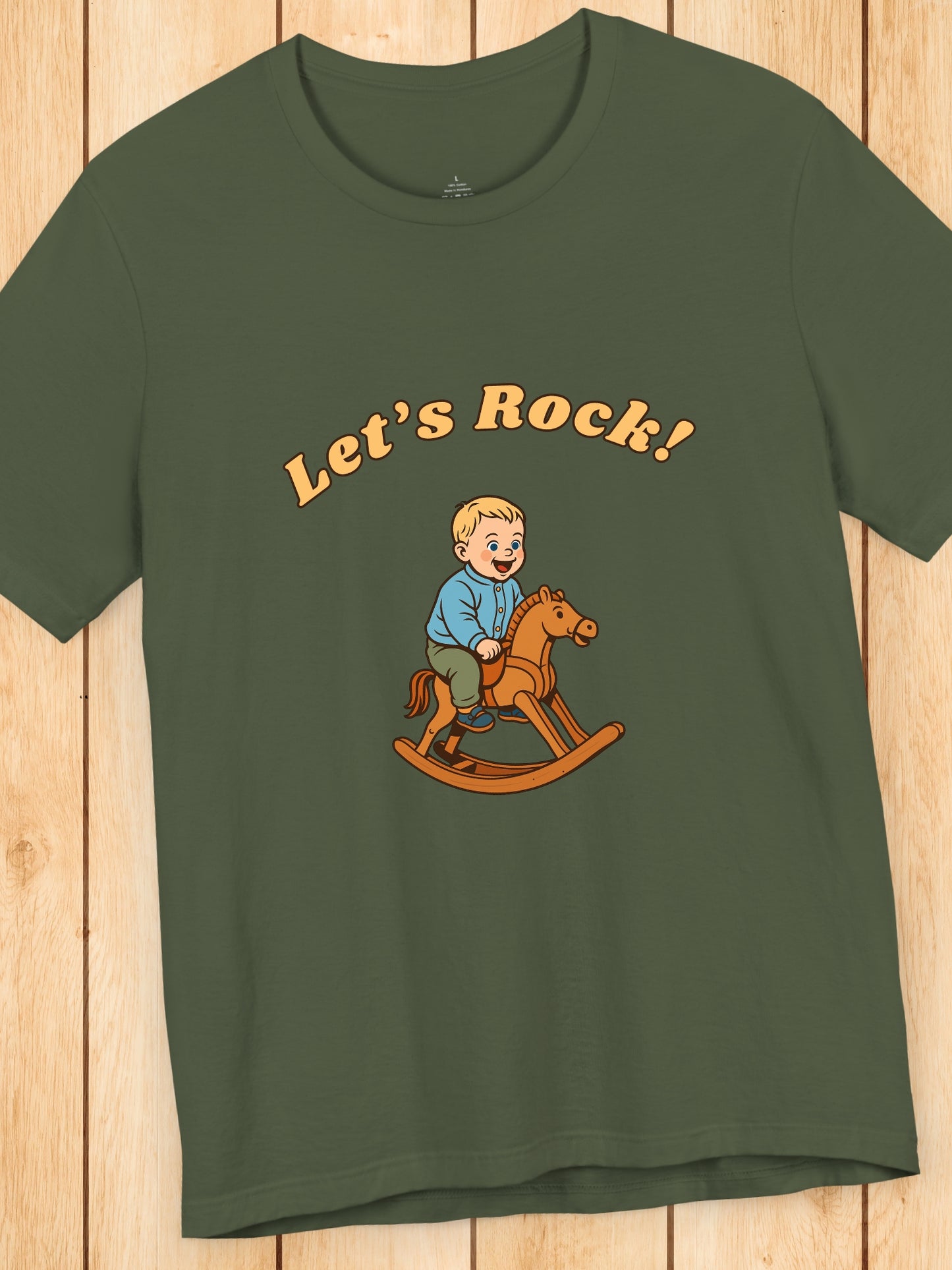 'Let's Rock!' Boy on a Rocking Horse Graphic Unisex T-Shirt, Humorous, Playful, Cowboy