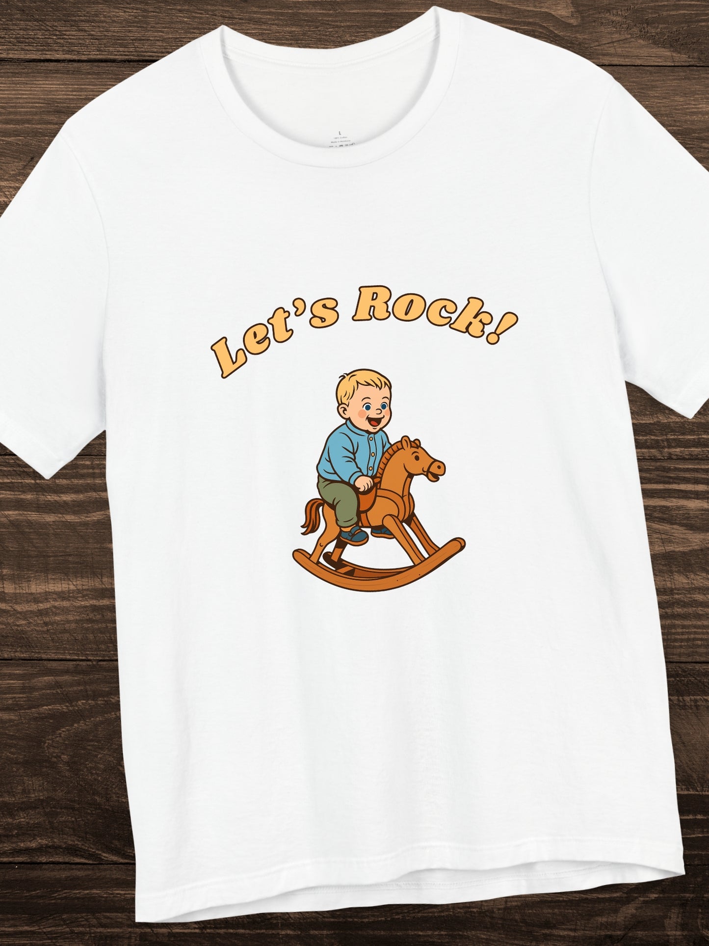 'Let's Rock!' Boy on a Rocking Horse Graphic Unisex T-Shirt, Humorous, Playful, Cowboy