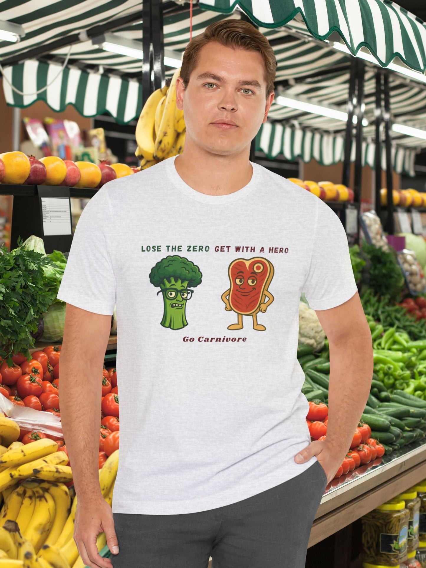 'Lose the Zero Get With a Hero, Go Carnivore' Broccoli and Steak Graphic Unisex T-Shirt, Carnivore Diet Apparel
