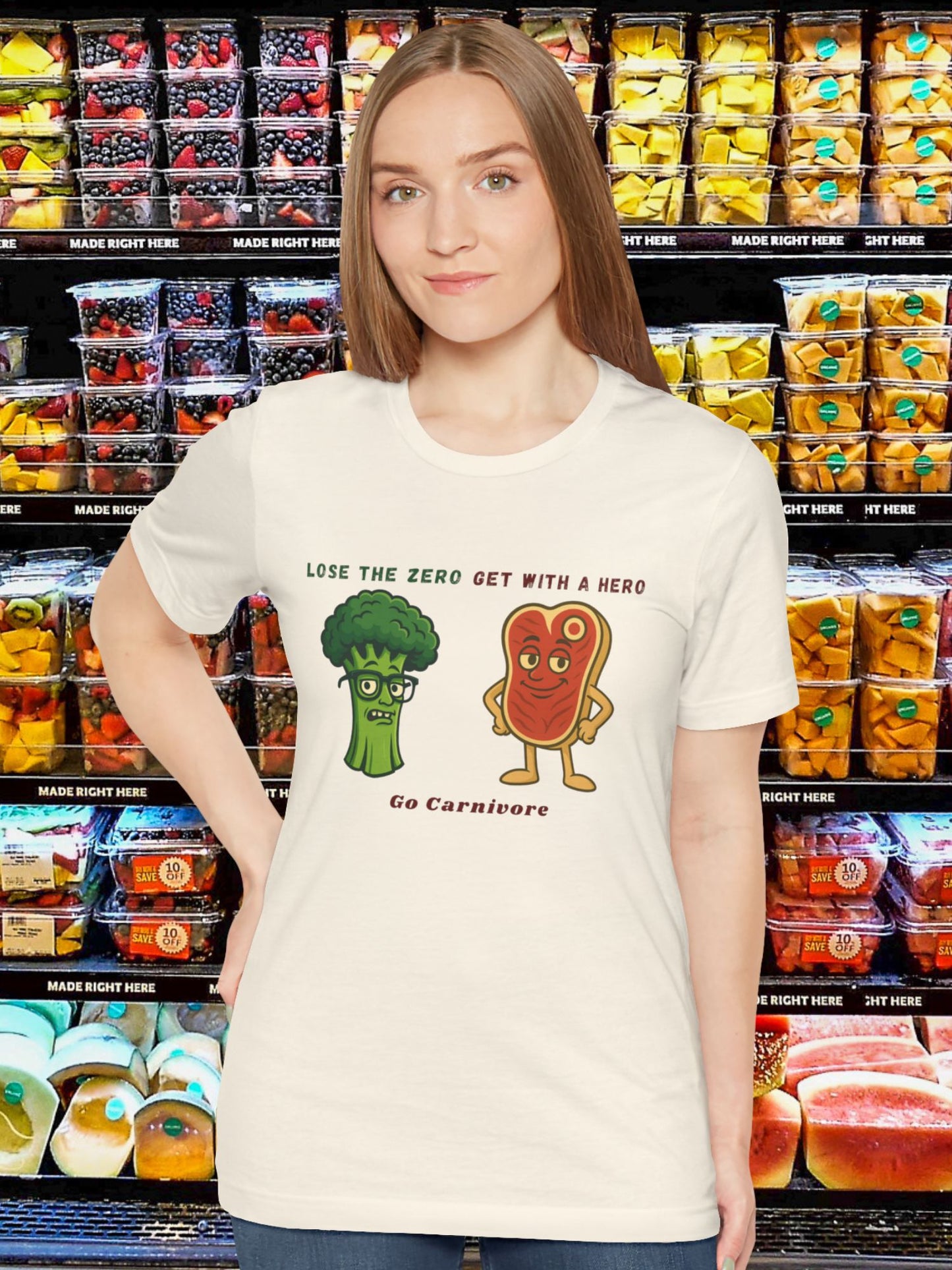 'Lose the Zero Get With a Hero, Go Carnivore' Broccoli and Steak Graphic Unisex T-Shirt, Carnivore Diet Apparel