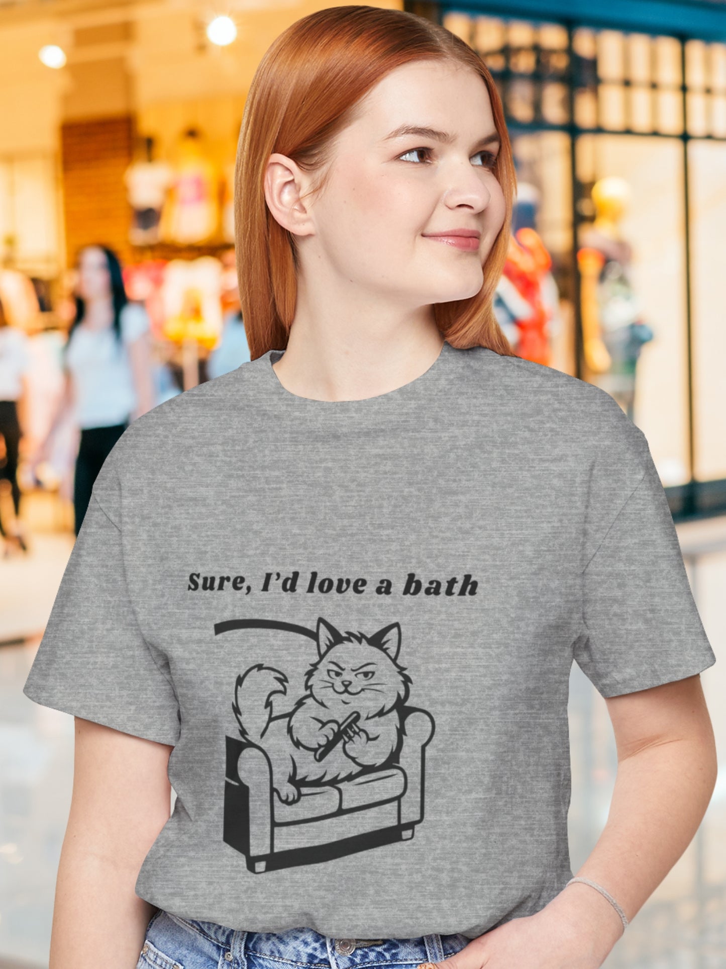 Sure, I'd love a bath' Cat Sharpening Claws Graphic Unisex T-Shirt, Humorous Cat Lover Tee