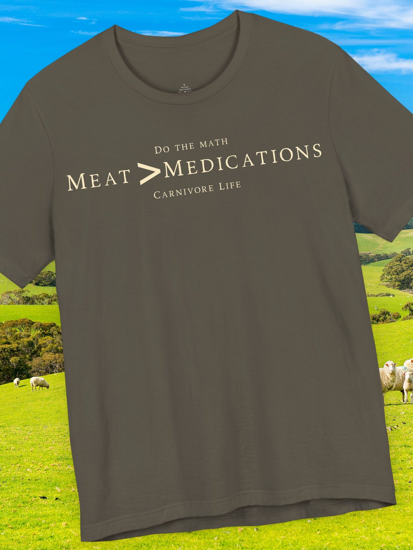 Meat Greater-than Medications Tee | Unisex Short Sleeve Shirt, Casual Wear, Carnivore Diet Apparel, Health Awareness