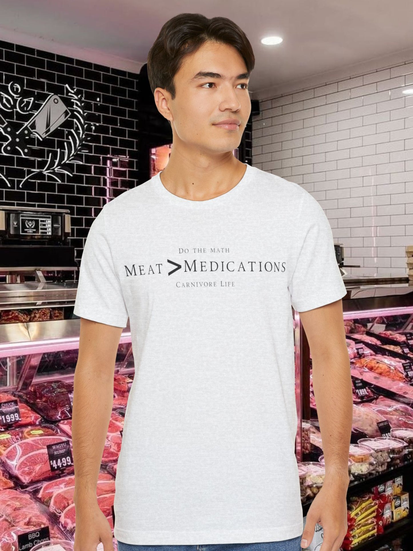 Meat Greater-than Medications Tee | Unisex Short Sleeve Shirt, Casual Wear, Carnivore Diet Apparel, Health Awareness