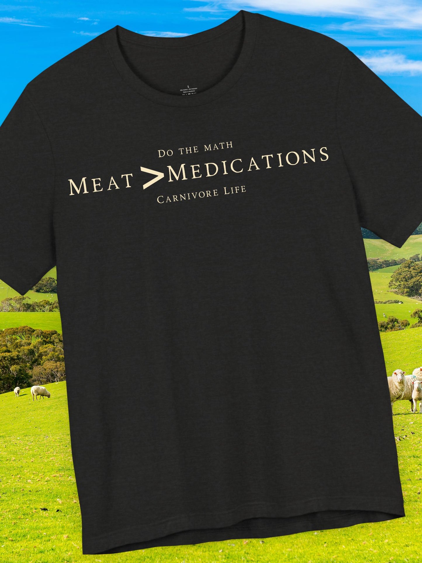 Meat Greater-than Medications Tee | Unisex Short Sleeve Shirt, Casual Wear, Carnivore Diet Apparel, Health Awareness