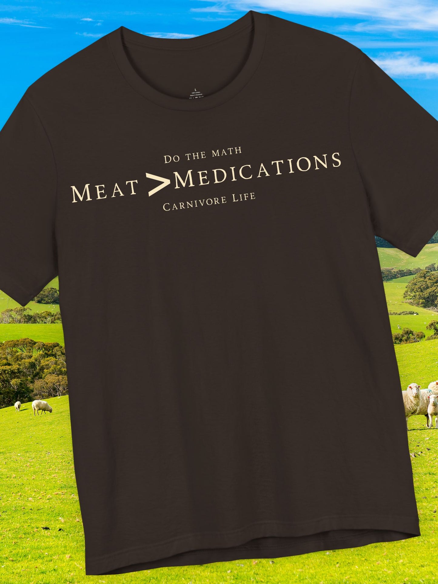 Meat Greater-than Medications Tee | Unisex Short Sleeve Shirt, Casual Wear, Carnivore Diet Apparel, Health Awareness
