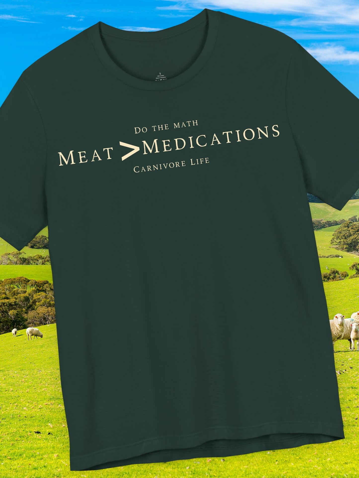 Meat Greater-than Medications Tee | Unisex Short Sleeve Shirt, Casual Wear, Carnivore Diet Apparel, Health Awareness