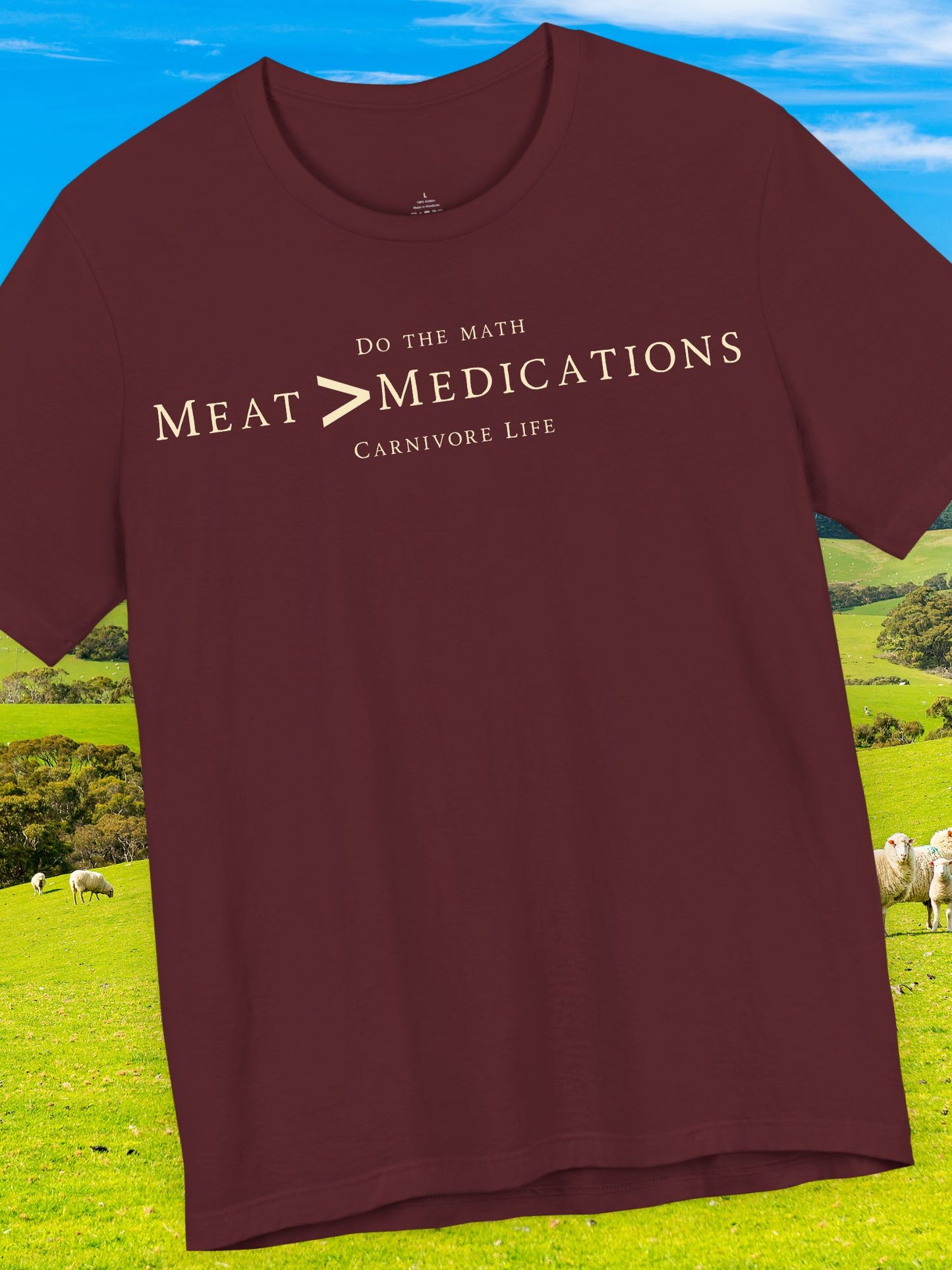 Meat Greater-than Medications Tee | Unisex Short Sleeve Shirt, Casual Wear, Carnivore Diet Apparel, Health Awareness