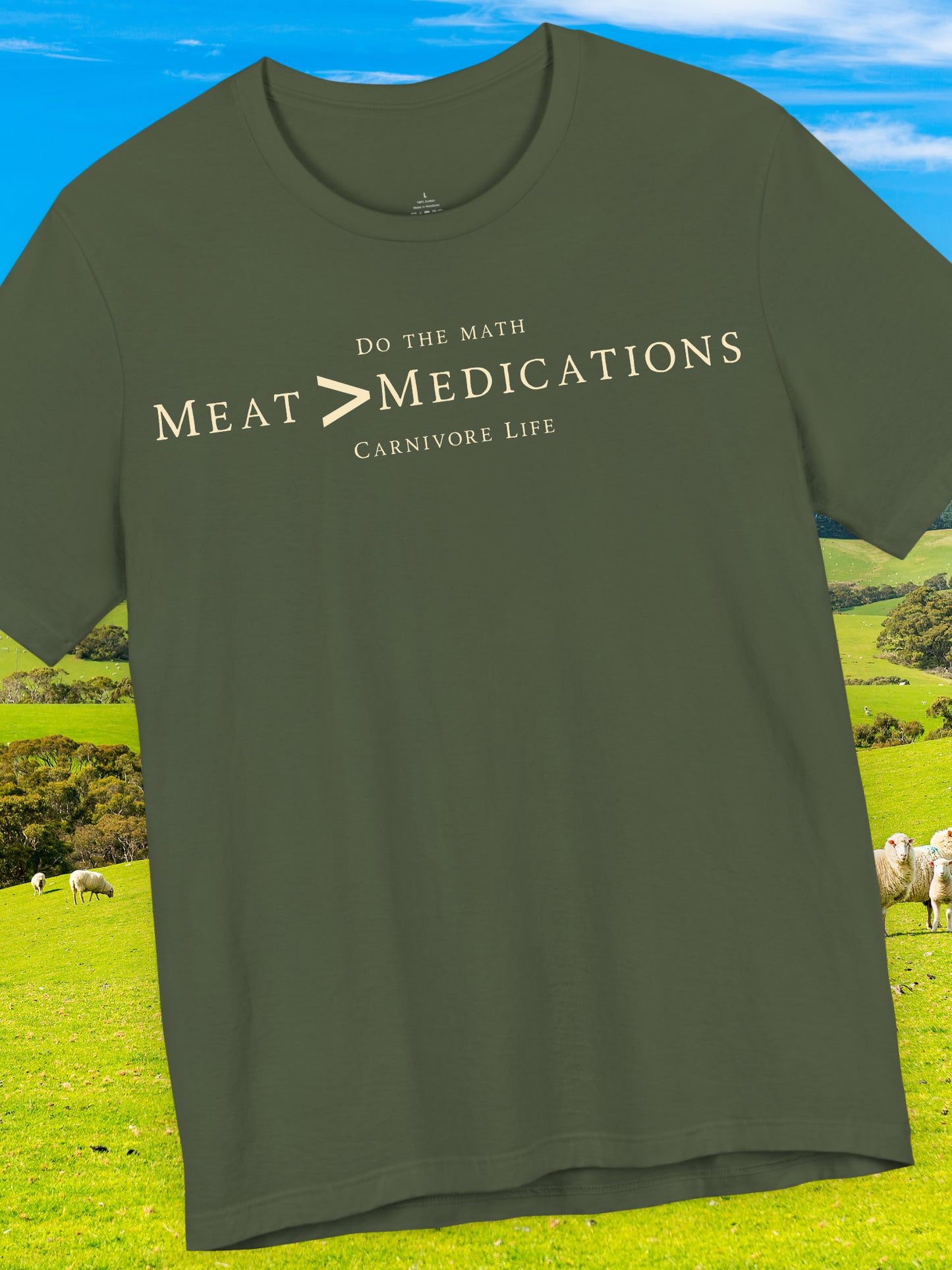 Meat Greater-than Medications Tee | Unisex Short Sleeve Shirt, Casual Wear, Carnivore Diet Apparel, Health Awareness
