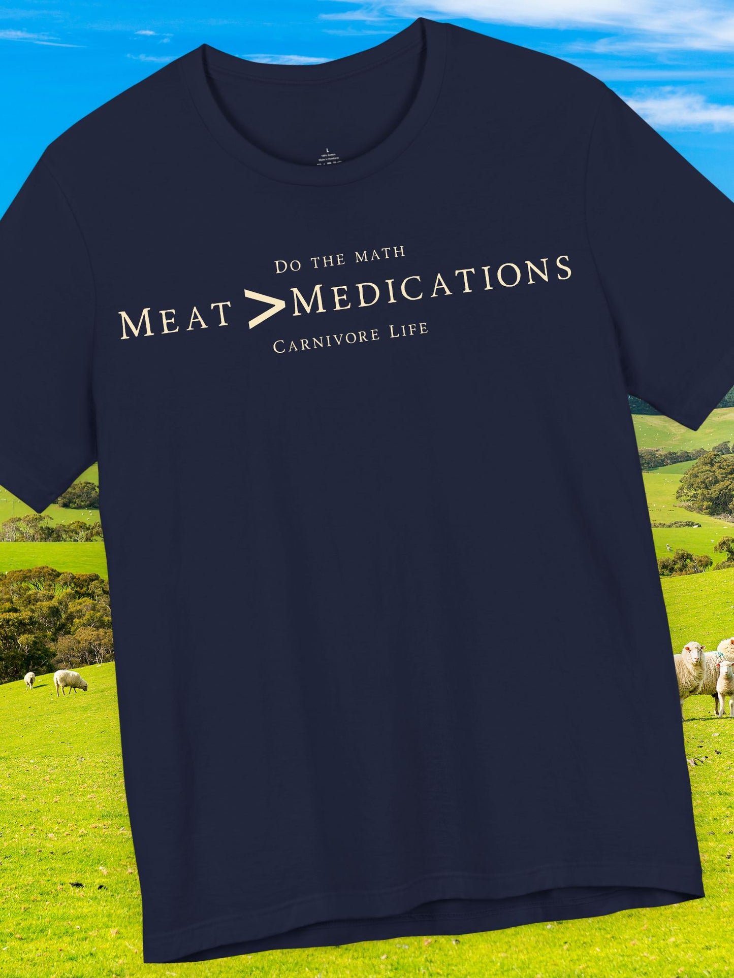 Meat Greater-than Medications Tee | Unisex Short Sleeve Shirt, Casual Wear, Carnivore Diet Apparel, Health Awareness