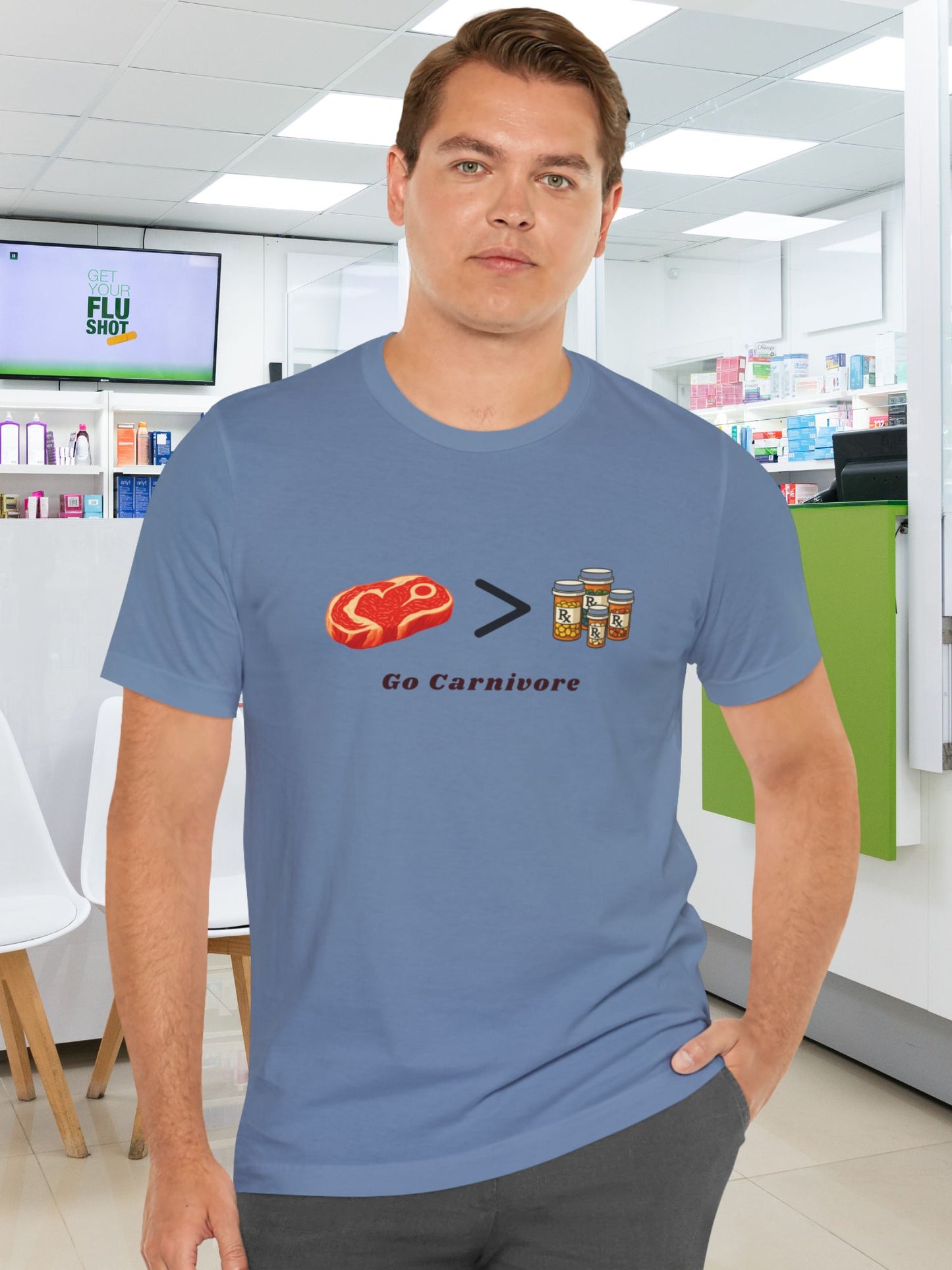 'Go Carnivore' Meat Greater Than Meds Graphic Unisex T-Shirt, Carnivore Diet Apparel, Health and Wellness Tee