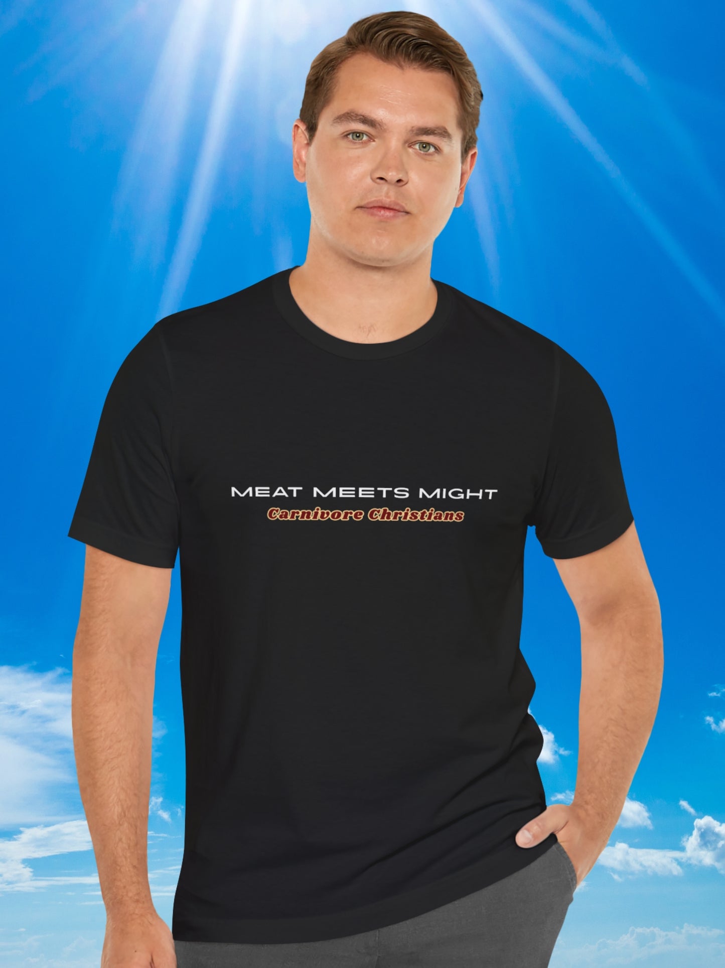 Meat Meets Might, Carnivore Christians, Unisex T-Shirt, Carnivore Diet Apparel, Health and Wellness, Christian Apparel
