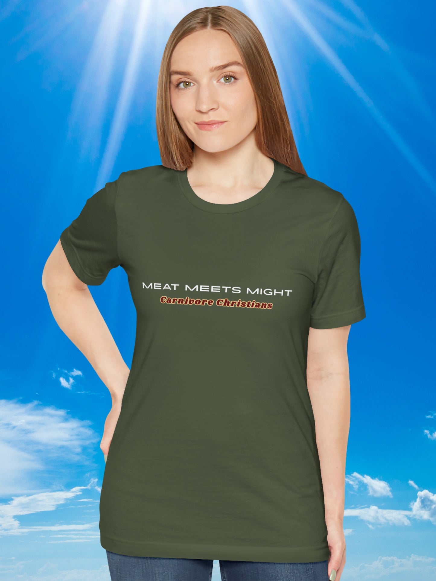 Meat Meets Might, Carnivore Christians, Unisex T-Shirt, Carnivore Diet Apparel, Health and Wellness, Christian Apparel