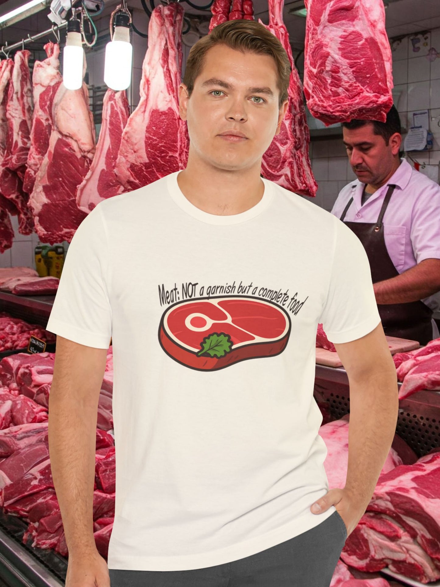 'Meat: NOT a garnish but a complete food' with meat graphic Unisex T-Shirt, Carnivore Diet Apparel, BBQ Tee