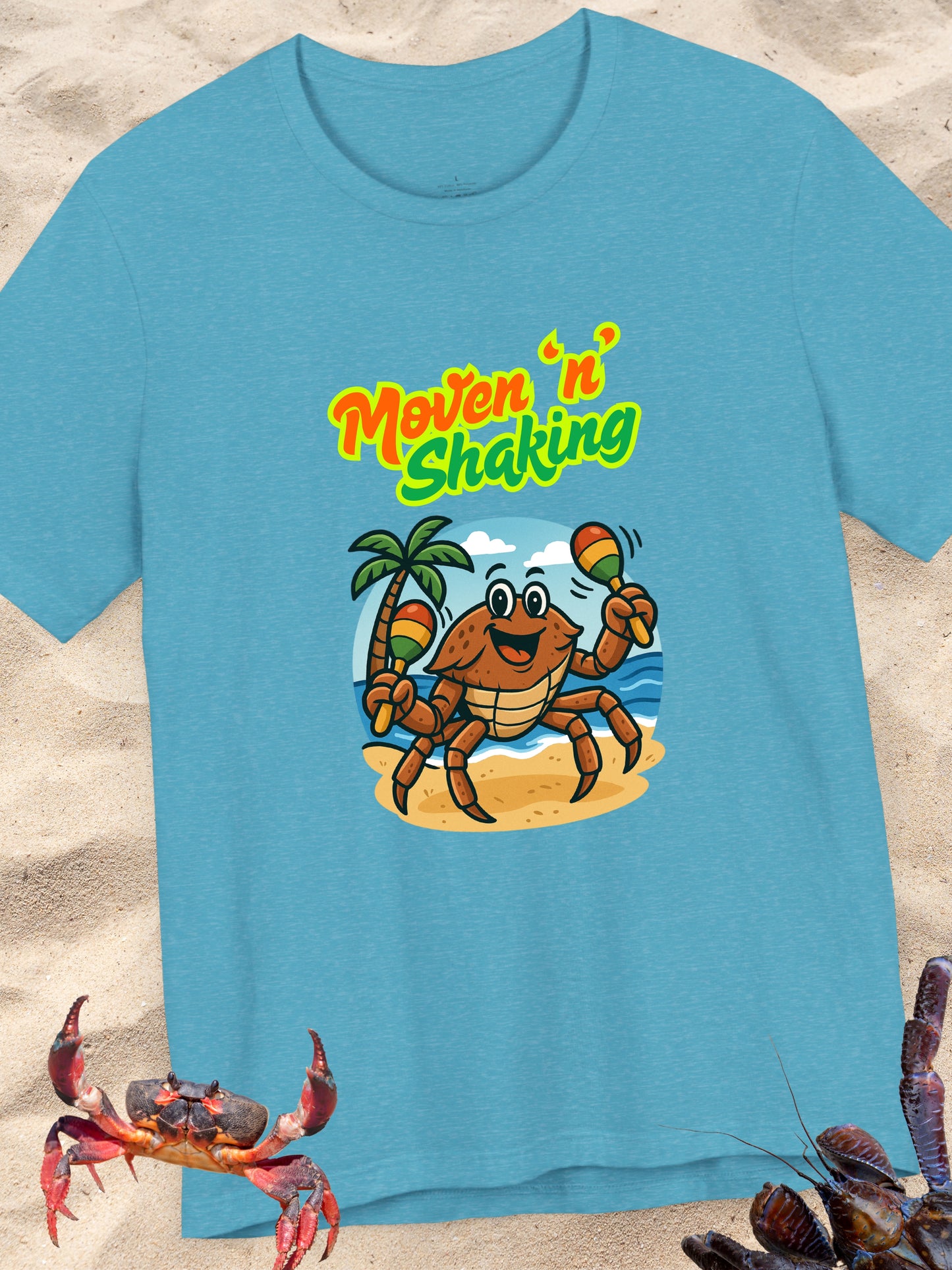'Moven 'N' Shaking' Coconut Crabby Graphic Unisex T-Shirt, Summer Shirt, Vacation Wear, Beach Party Outfit, Gift for Crab Lovers, Beach Vibes Crab Tee