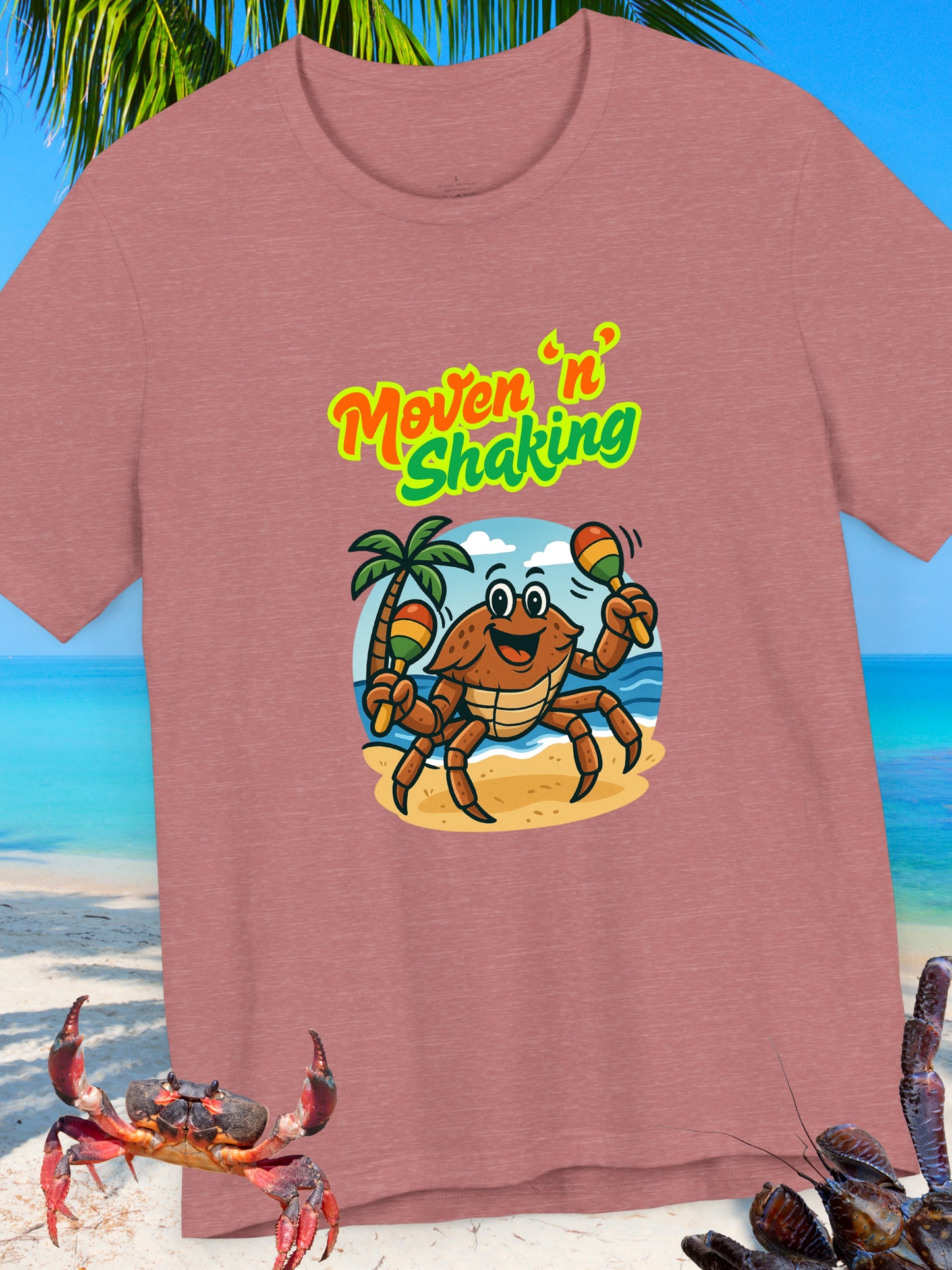 'Moven 'N' Shaking' Coconut Crabby Graphic Unisex T-Shirt, Summer Shirt, Vacation Wear, Beach Party Outfit, Gift for Crab Lovers, Beach Vibes Crab Tee