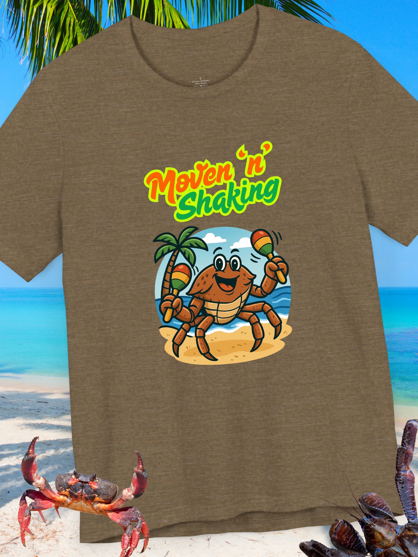 'Moven 'N' Shaking' Coconut Crabby Graphic Unisex T-Shirt, Summer Shirt, Vacation Wear, Beach Party Outfit, Gift for Crab Lovers, Beach Vibes Crab Tee