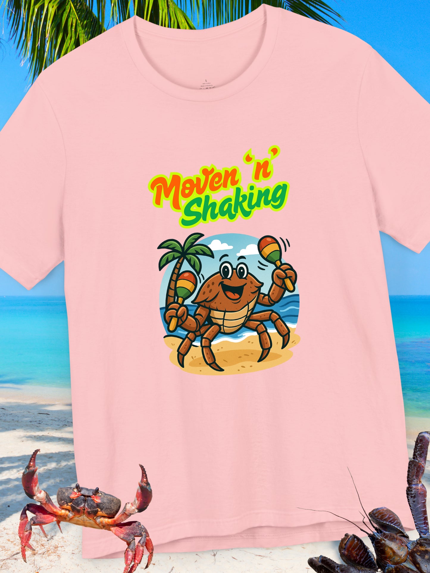 'Moven 'N' Shaking' Coconut Crabby Graphic Unisex T-Shirt, Summer Shirt, Vacation Wear, Beach Party Outfit, Gift for Crab Lovers, Beach Vibes Crab Tee