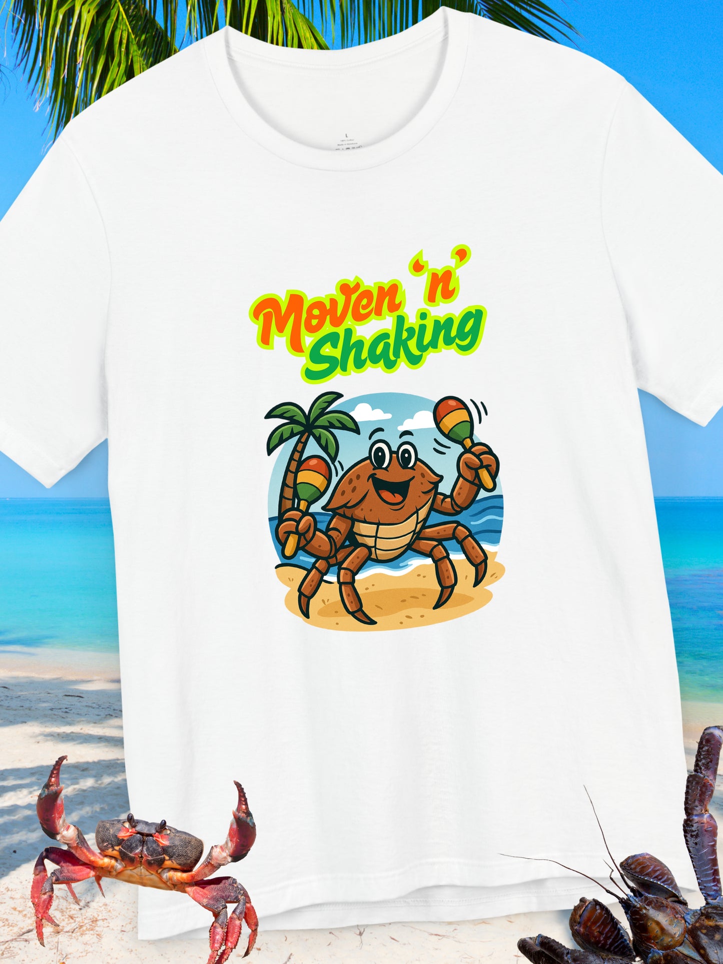 'Moven 'N' Shaking' Coconut Crabby Graphic Unisex T-Shirt, Summer Shirt, Vacation Wear, Beach Party Outfit, Gift for Crab Lovers, Beach Vibes Crab Tee